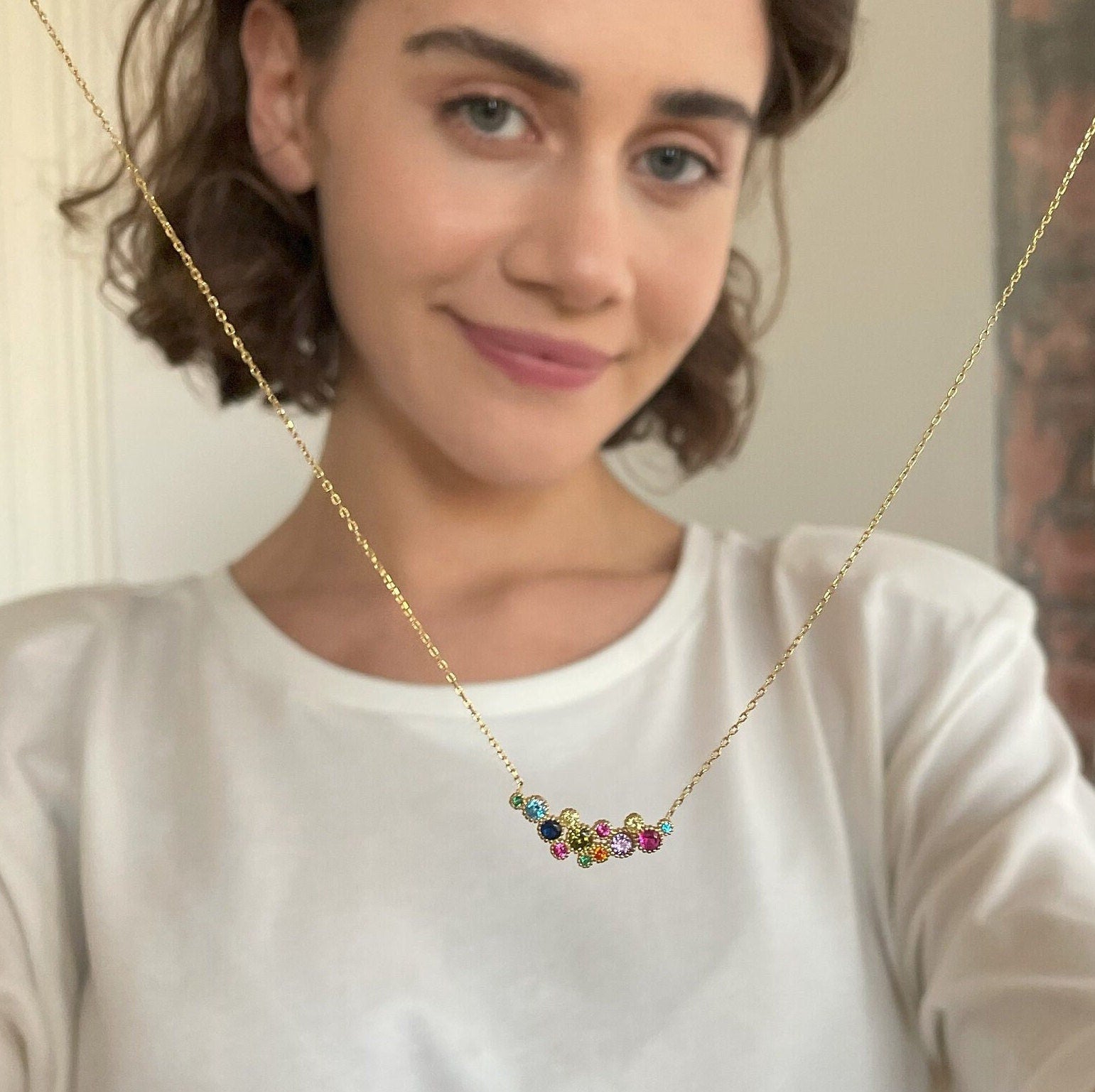 Round Cut Multicolor Birthstone Necklace - Emerald, December Blue, Sapphire, Mix Gemstones Jewelry - Gold Plated 925 Sterling Silver Jewelry