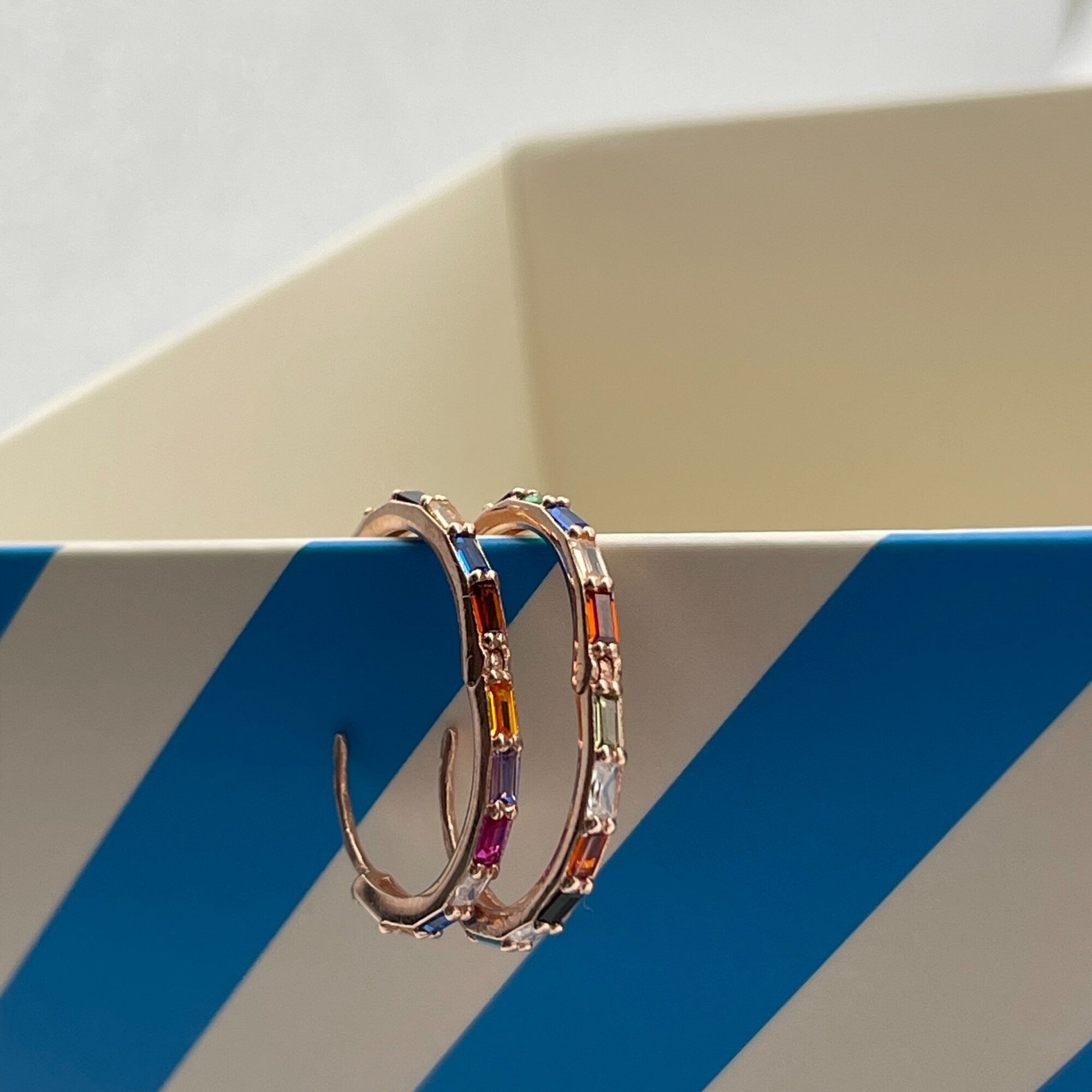 Rainbow Zircon Huggie Earrings - Rose Gold Hoops - Multi Coloured Gemstones In Sterling Silver Round Earrings