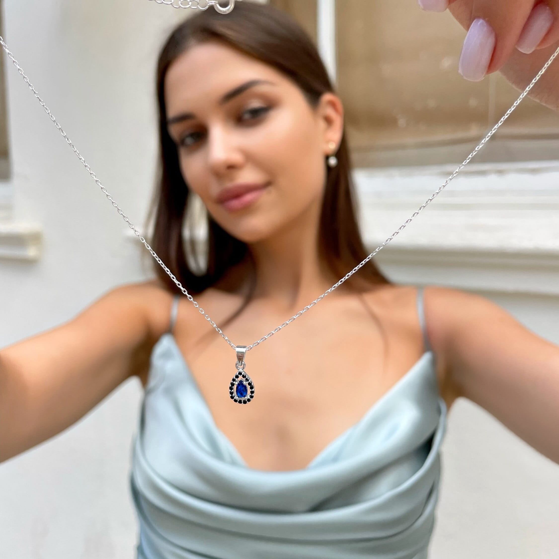 Sapphire Teardrop Necklace Zirconia Frame -cz Emerald Teardrop Pendant For Women -dainty Sterling Silver Sapphire/emerald/crystal Variations