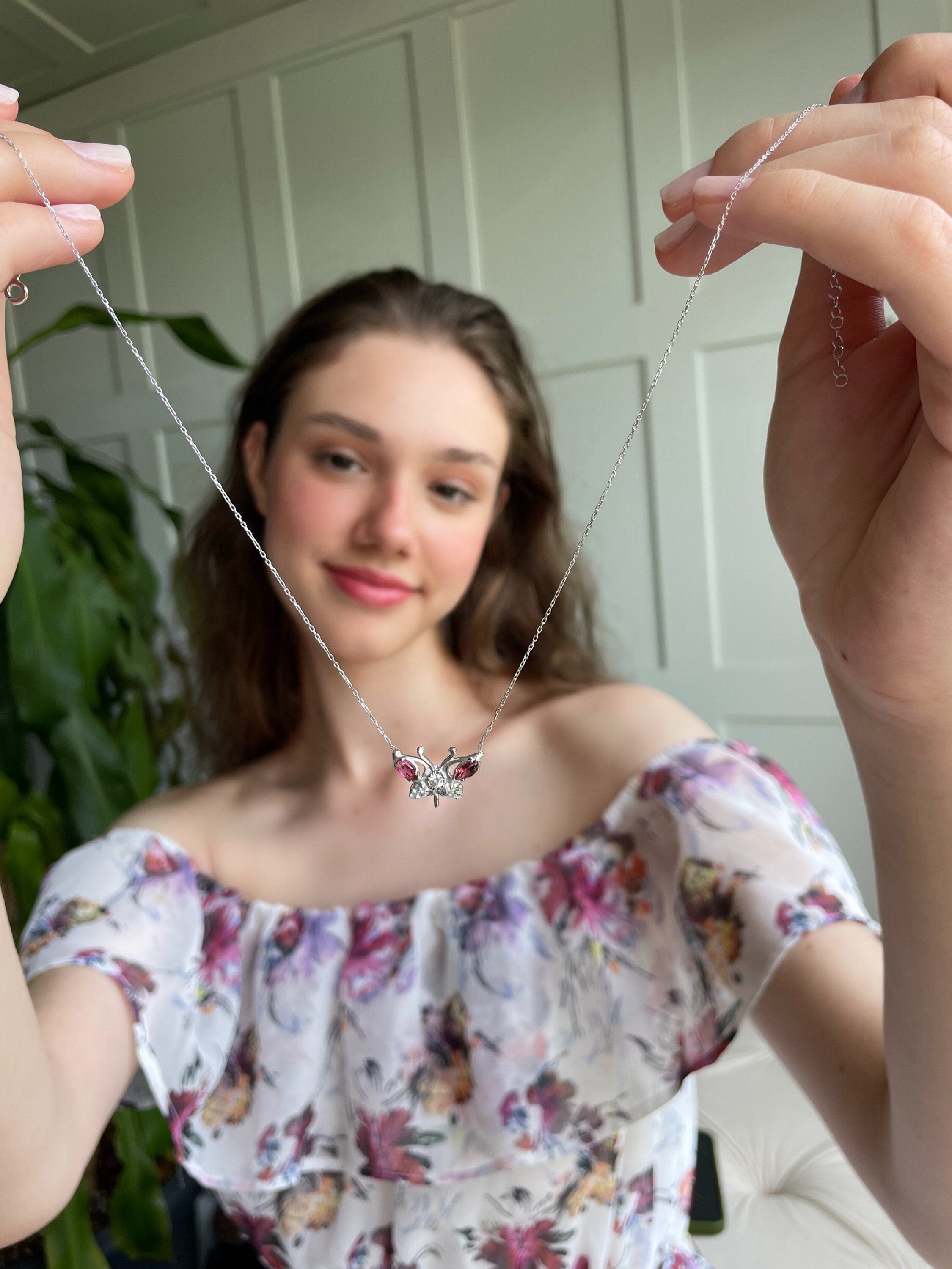 Pink Tourmaline Butterfly Necklace - Ruby Butterfly Pendant - Cz Dazzling 925 Sterling Silver Jewelry - Minimalist Animal Necklace