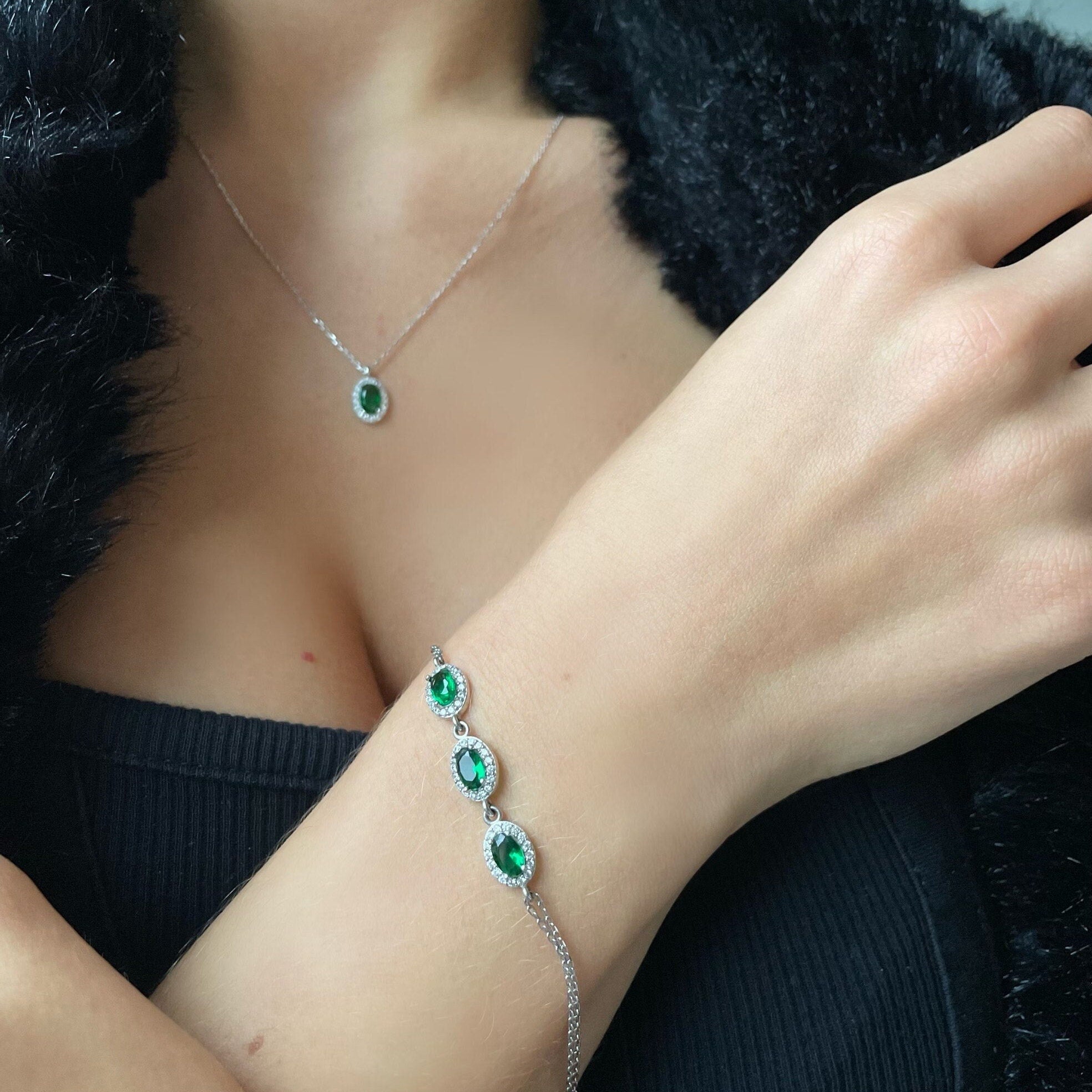 Sparkling Emerald Jewelry Set - Oval Cut Green Gemstone Necklace, Bracelet And Earrings - Dainty Sterling Silver Jewelry Set For Women