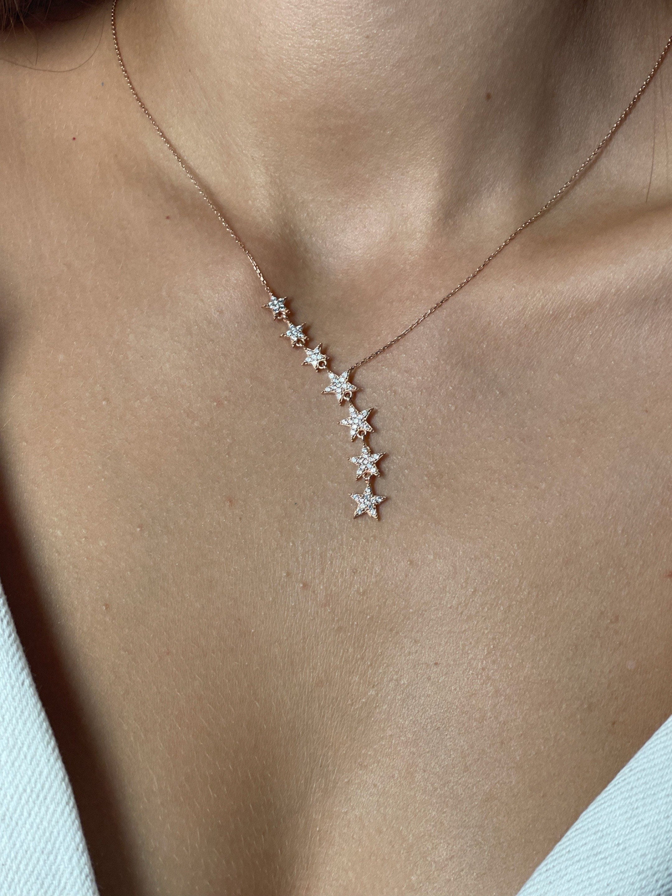 Star Lariat Necklace - Asymmetric Y Shape Drop Star Pendant - Zircon Gemstones - Silver / Gold / Rose Gold Options