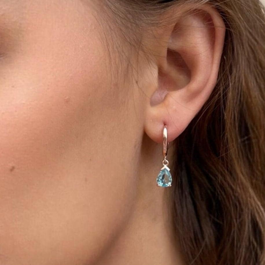 Blue Zircon Drop Birthstone Earrings - Aquamarine/emerald/garnet/sapphire Dangle Earrings - Dainty Silver Hoops - Summer Jewelry