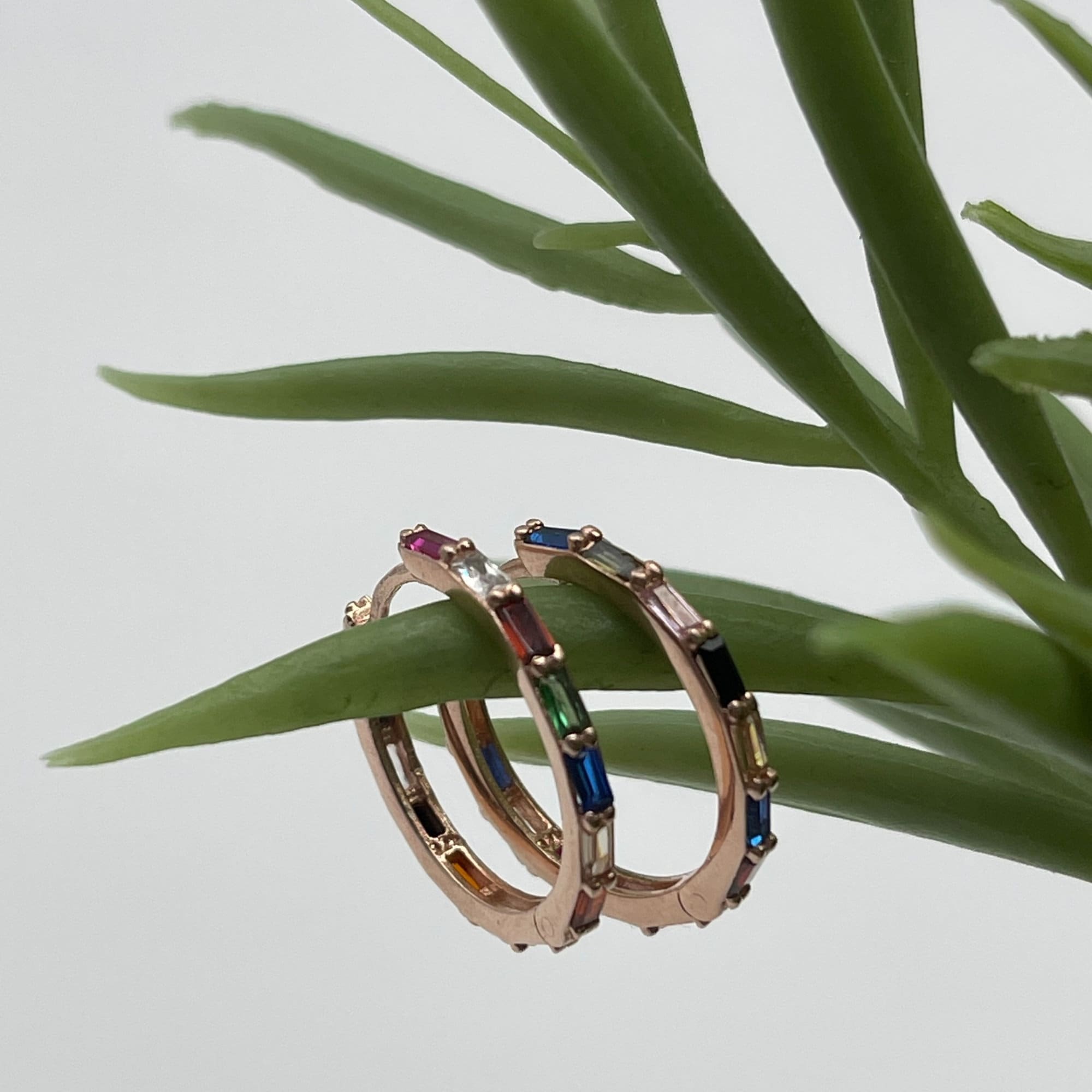 Rainbow Zircon Huggie Earrings - Rose Gold Hoops - Multi Coloured Gemstones In Sterling Silver Round Earrings