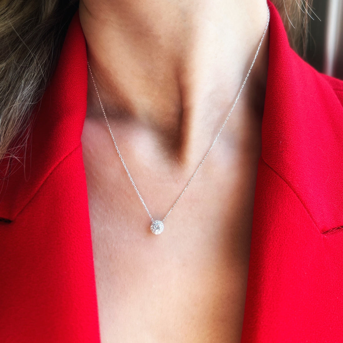 Dainty Sterling Silver Drop Necklace Created With Zirconia | Sterling Silver Small Round Pendant Necklace | White Drop Zirconia Pendant