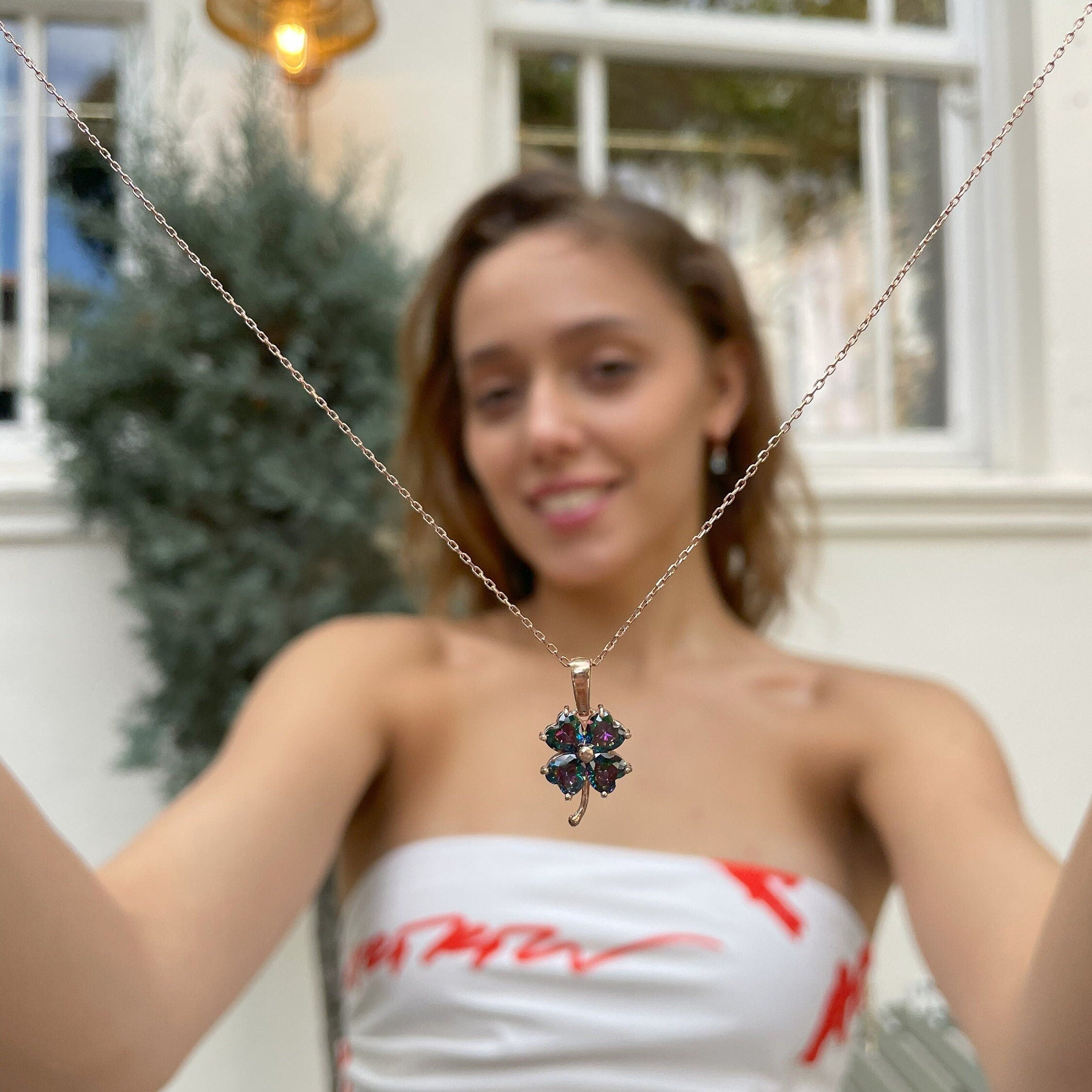 Mystic Topaz Clover Necklace - Sterling Silver Four Leaf Clover Pendant - Clover Charm - Dainty & Miminalist Design - Birthstone Gift