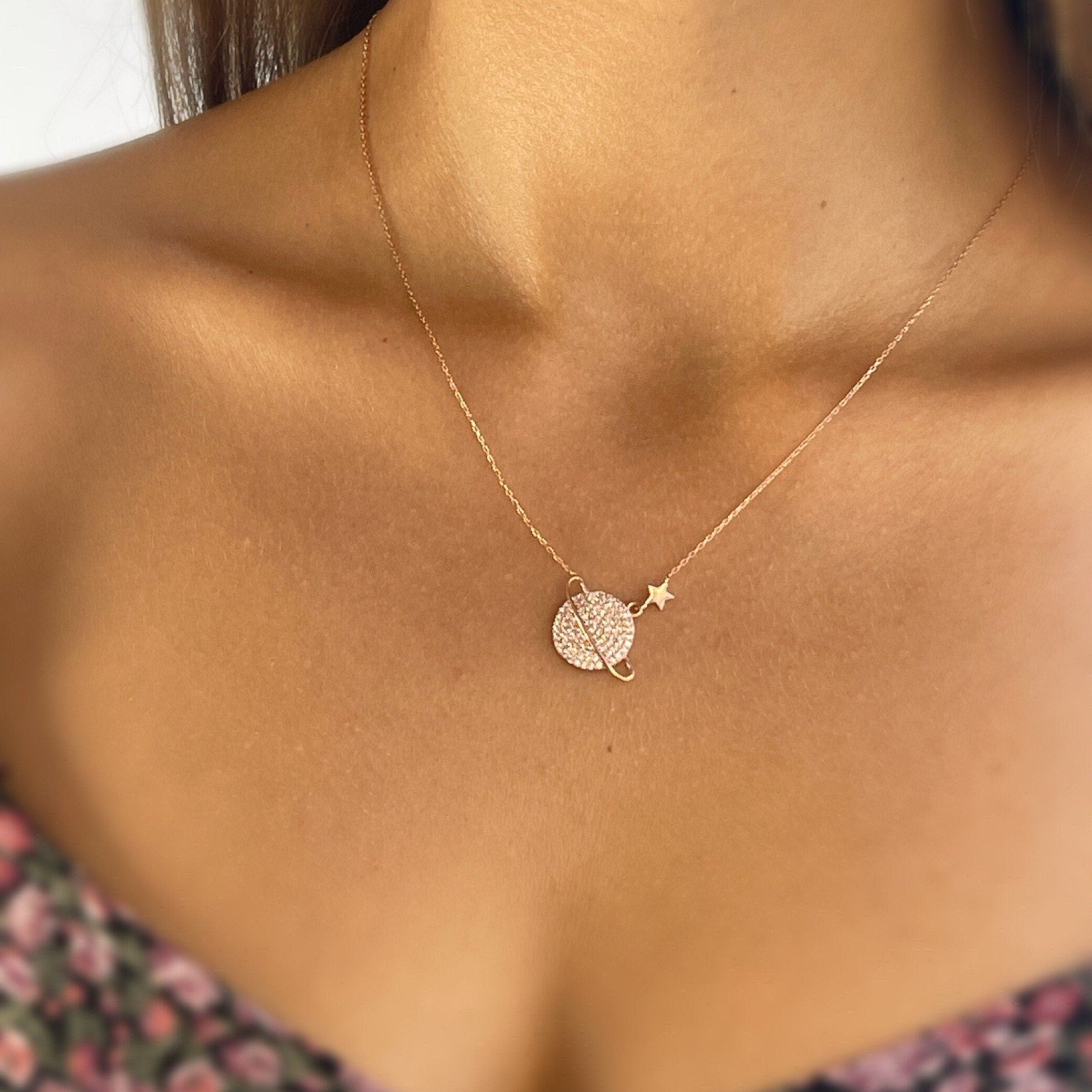 Galaxy Sterling Silver Necklace, Planet Star Jewelry Pendant, , Pave Necklace Personalized Gift, Delicate Silver Necklace