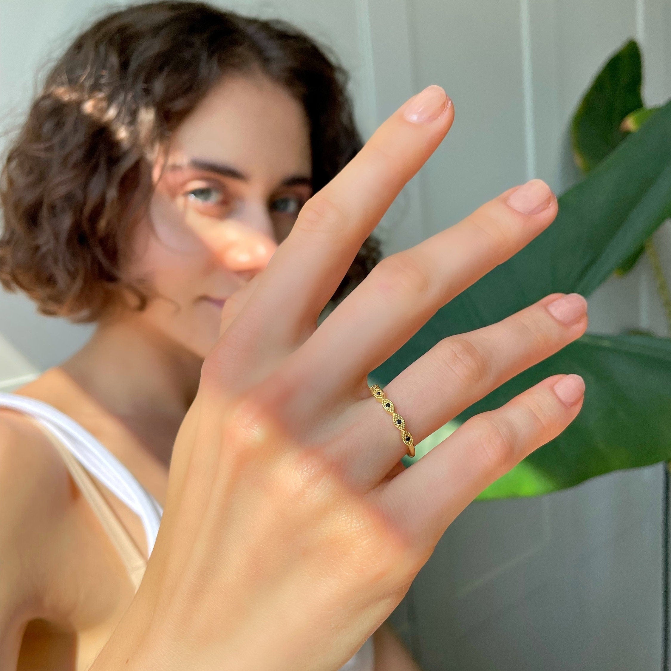 Half Eternity Art Deco Ring - Gold Color Traditional Wedding Band - Marquise Shaped Silver Jewelry - Dainty & Minimalist Jewelry For Women