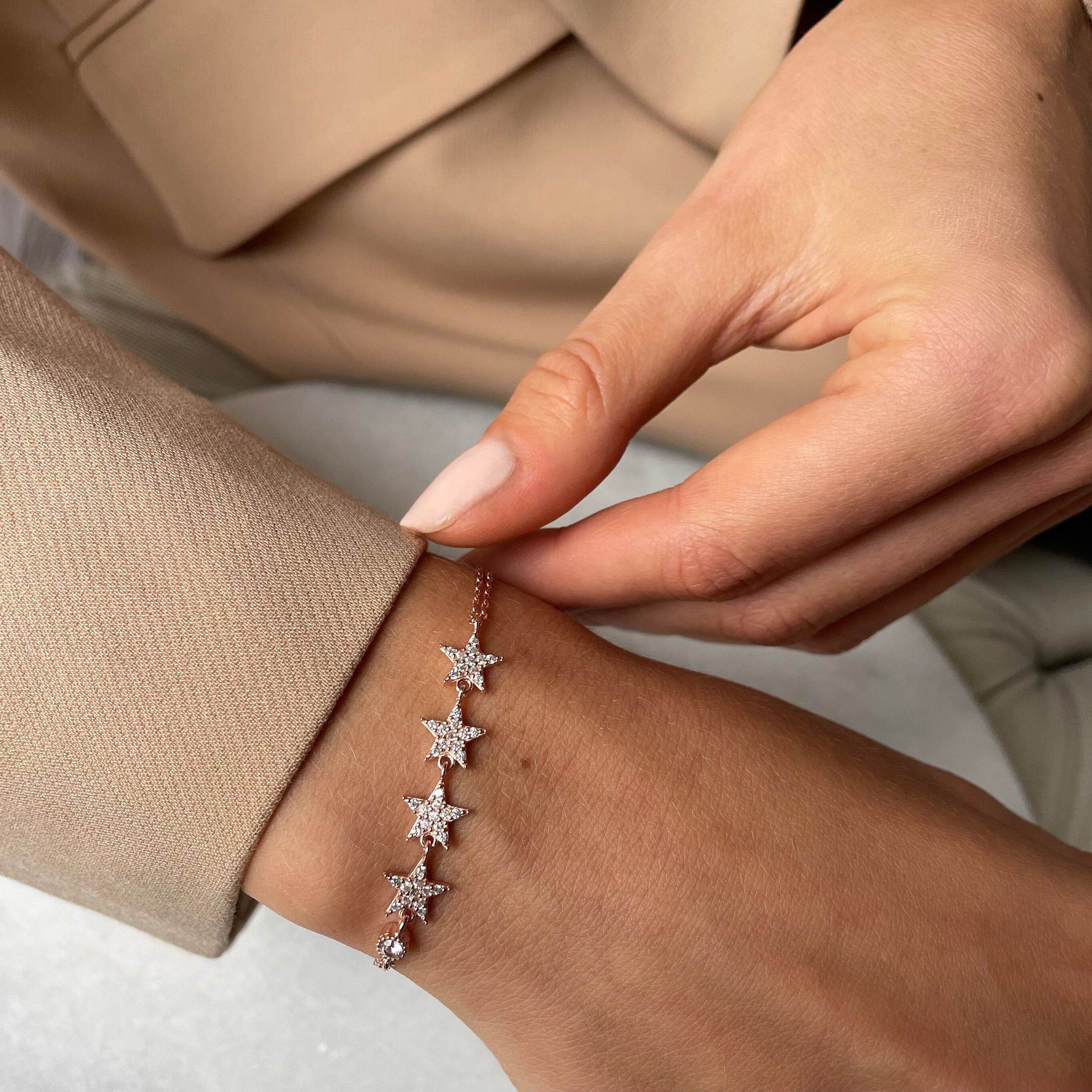 Star Chain Bracelet - Zircon Gemstones Celestial Bracelet - Rose Gold Plated Jewelry - Sterling Silver Jewelry For Women