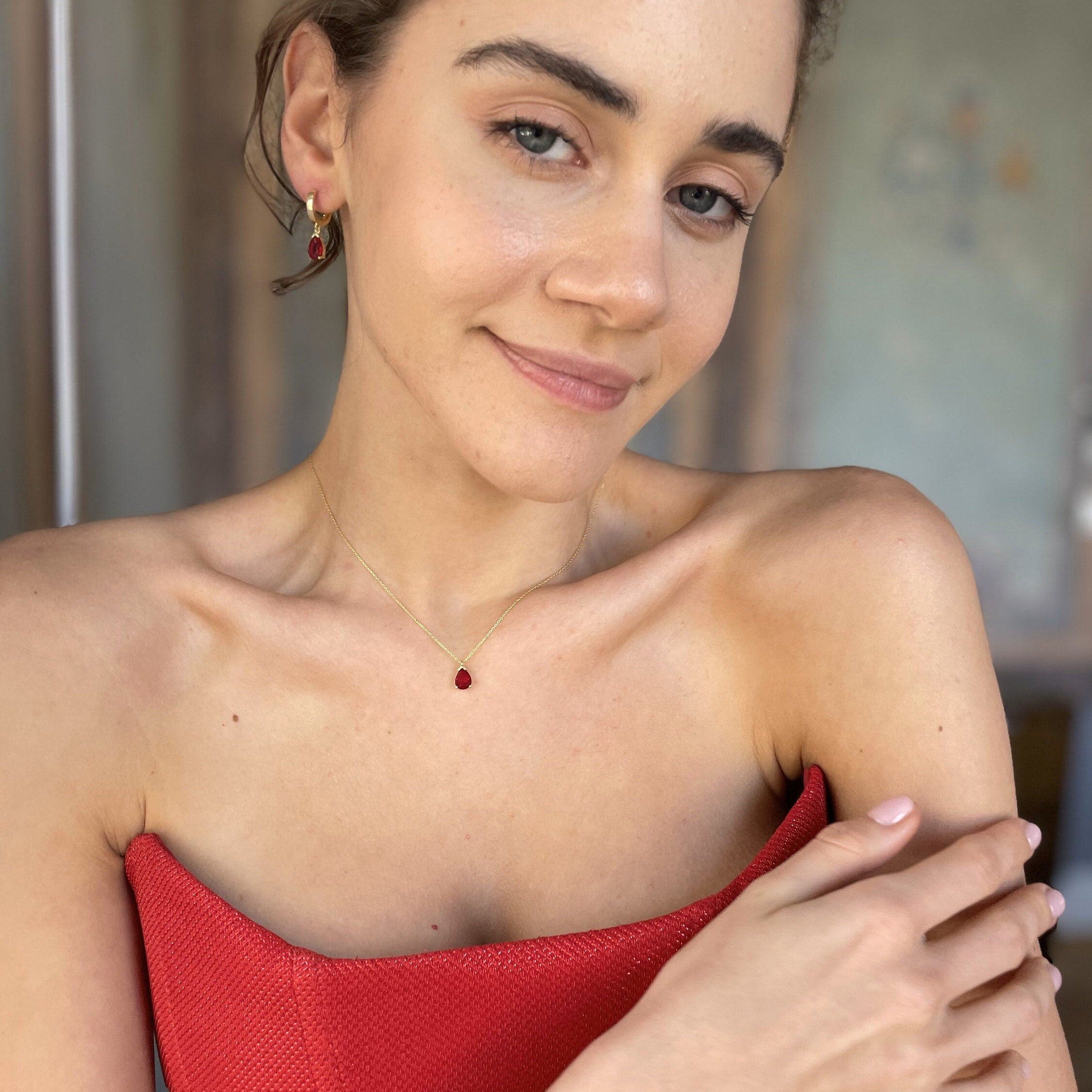 Birthstone Jewelry Set - Mothers Day Birthstone Gift - Red Garnet Sterling Silver Necklace & Earrings - January / July Birthstone