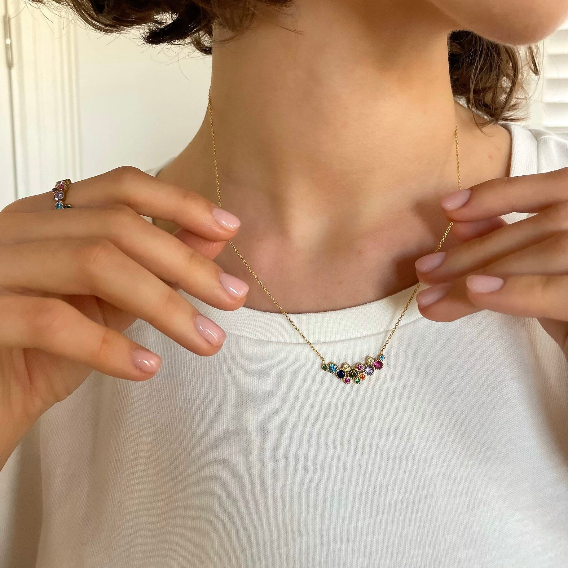 Fancy Rainbow Jewelry Set - Multicolor Zirconia Necklace And Eternity Ring Set - Gold Plated Colorful Cz Jewelry -