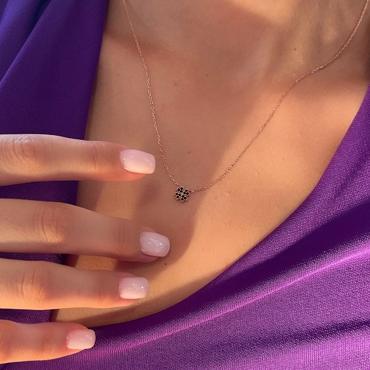 Tiny Four Leaf Clover Necklace - Clover Pendant With Black Gemstone - Rose Gold Color Necklace - Delicate 925 Sterling Silver Jewelry