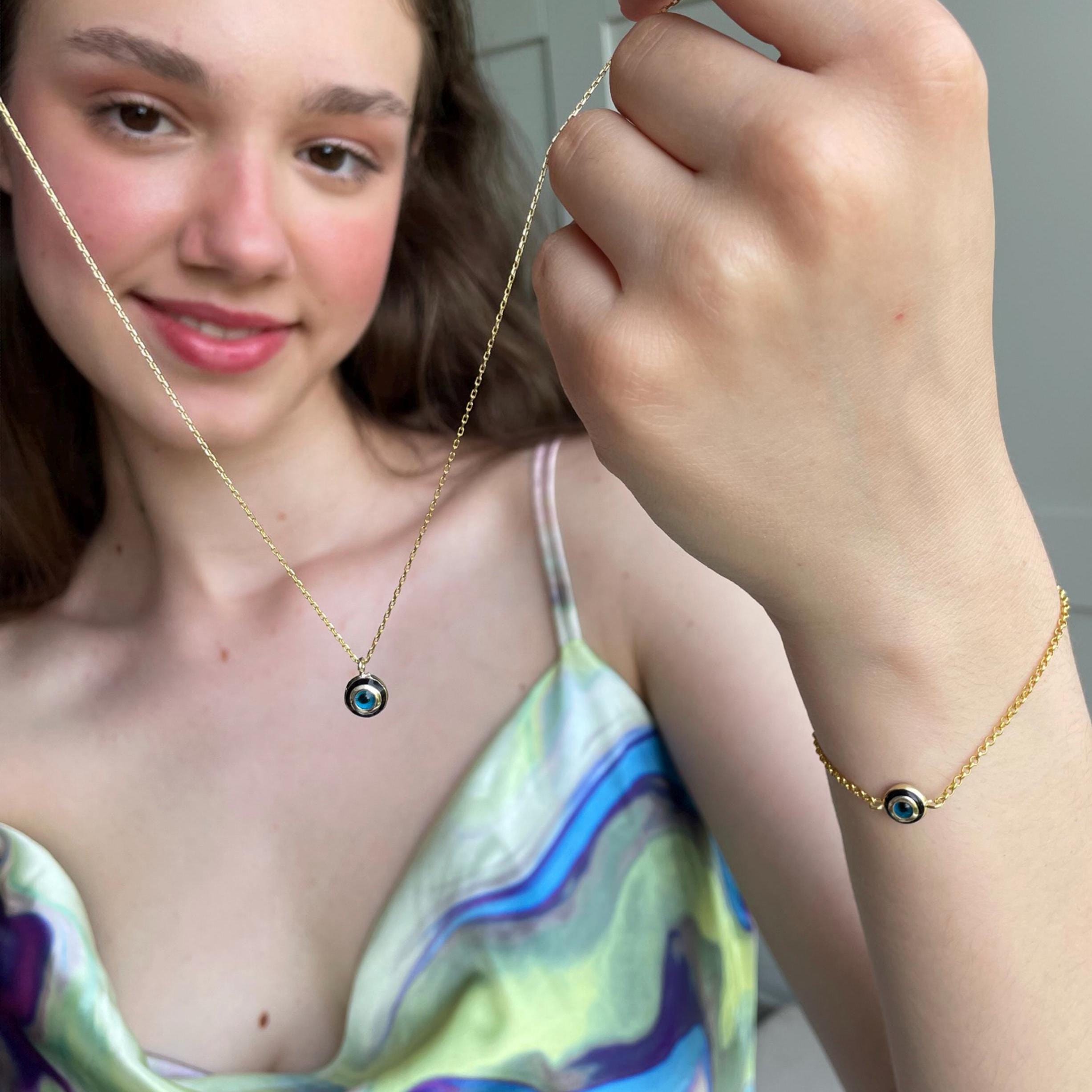 Lucky Charm Evil Eye Necklace For Protection , Minimalist Blue Evil Eye Pendant , Black And White Enamel Round Evil Eye , Gold/silver Chain