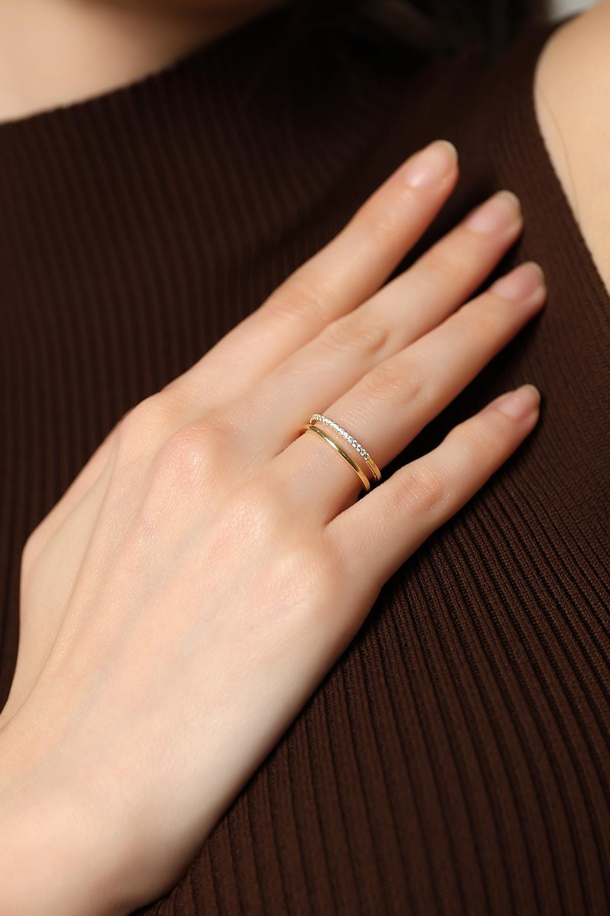 Modern Gold Dual Band Ring , Elegant Cz Double Band Ring , Chic & Classic Stacking Ring, Silver / Gold / Rose Gold Options , Women's Jewelry