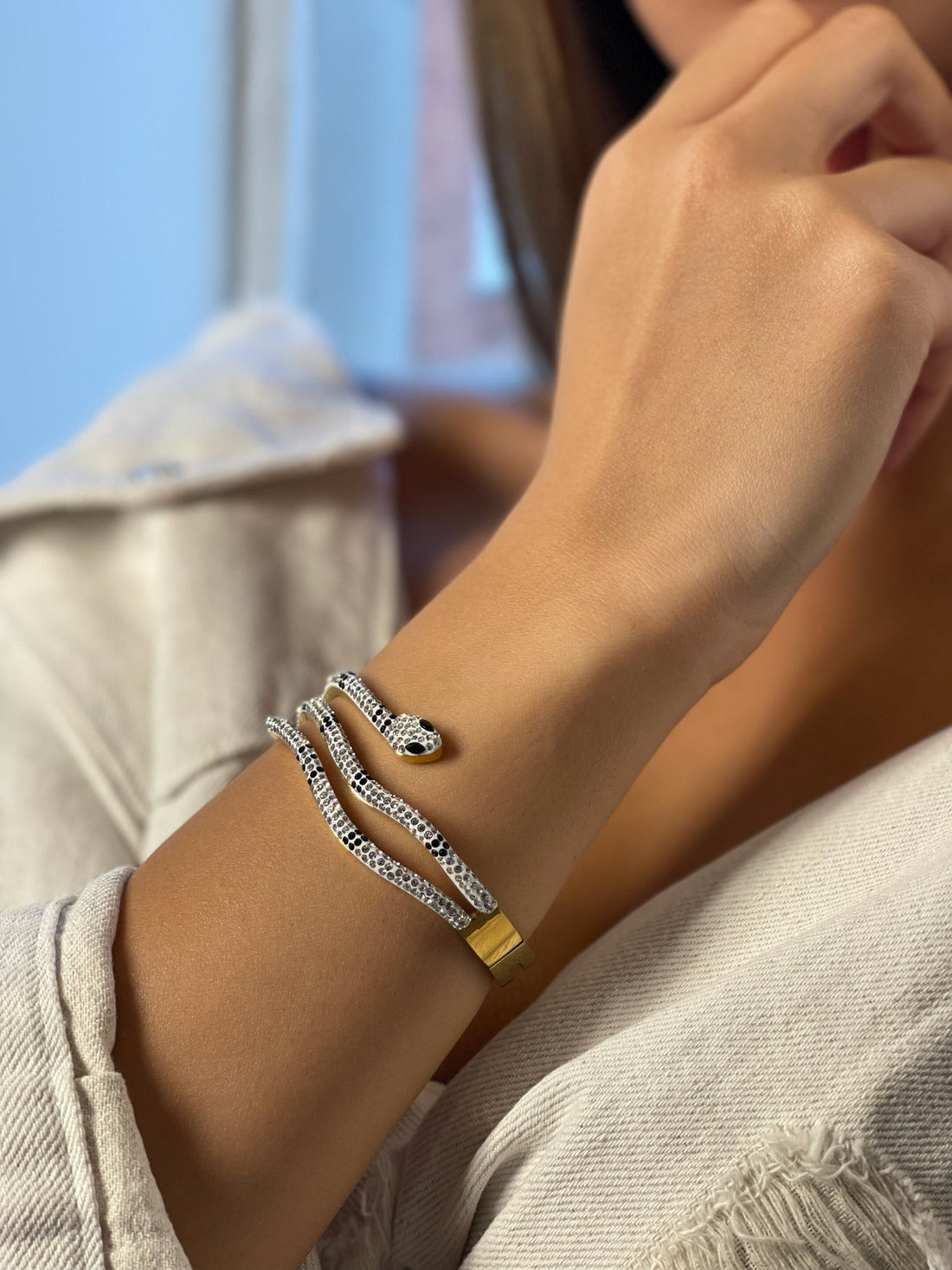 Chunky Snake Bracelet, Gold Plated Snake Bangle, Snake Jewelry, White & Black Zircon Stone Bracelet, Serpent Snake Bracelet, Snake Bracelet