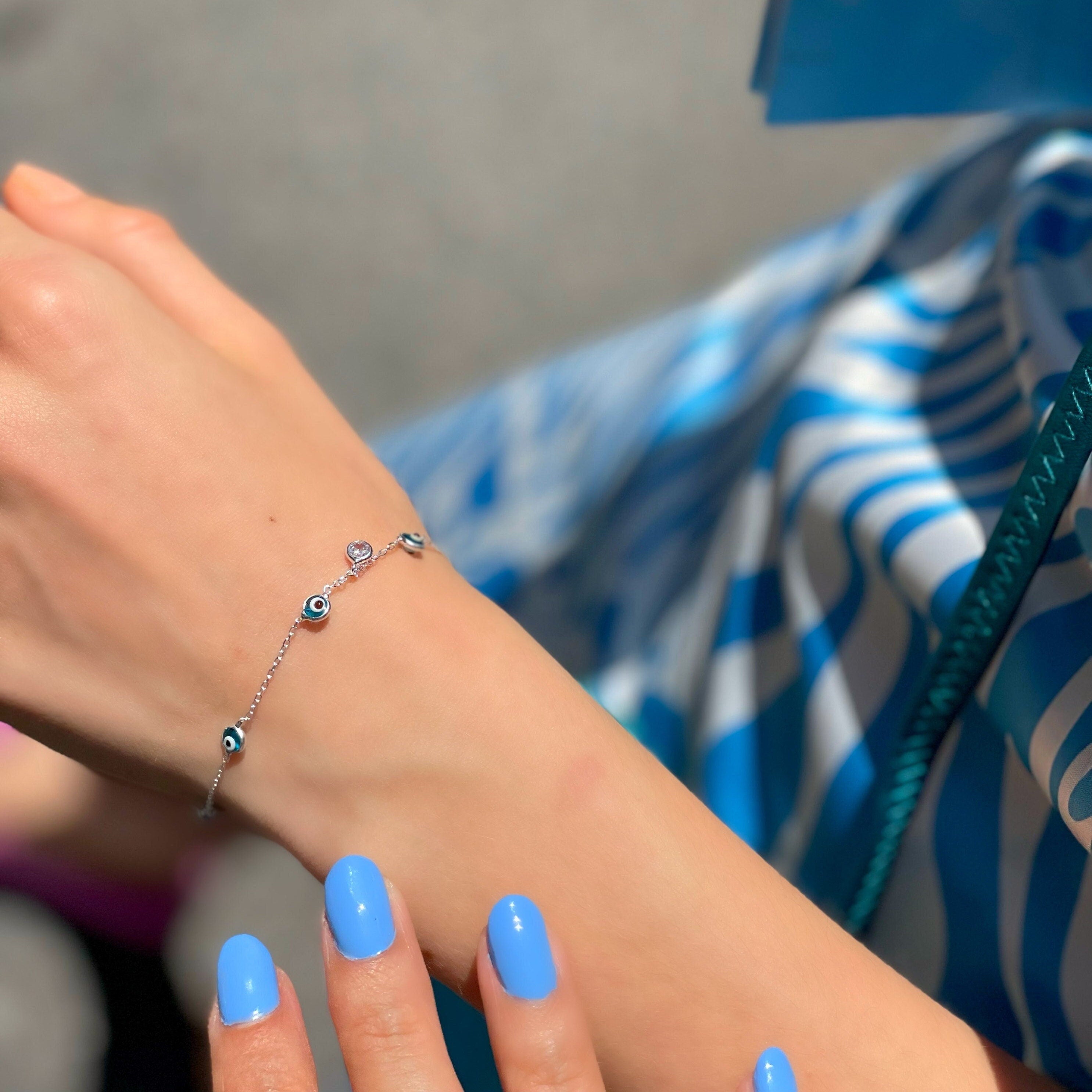 Sterling Silver Blue Evil Eye Bracelet - Blue Glass Beads - Protection & Possitive Energy - Summer Jewelry For Women