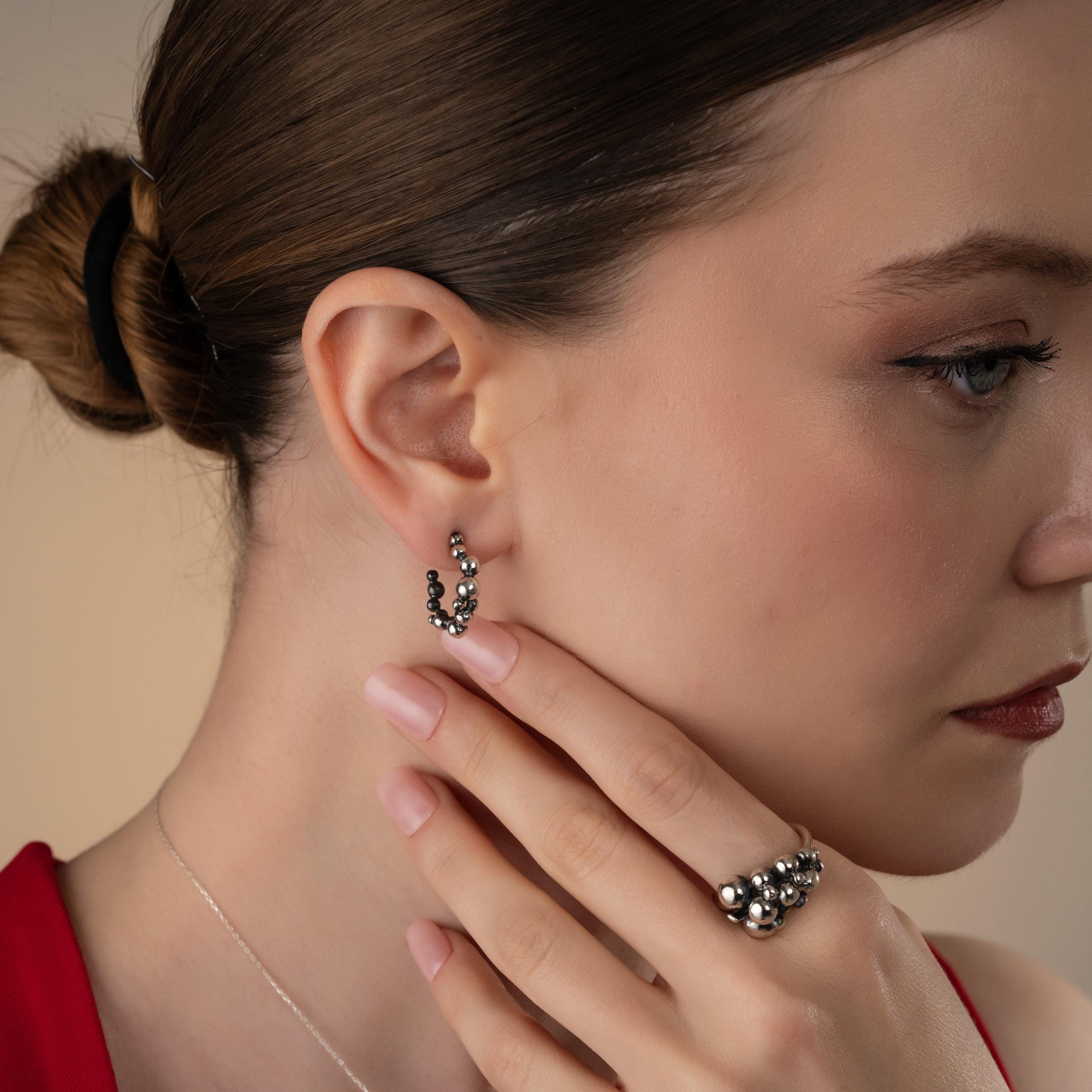 Handmade Beaded Bubble Hoop Earrings , Modern Bead Statement Hoops, Contemporary Jewellery , Unique Earrings Gift , Gold & Silver Bead Hoops