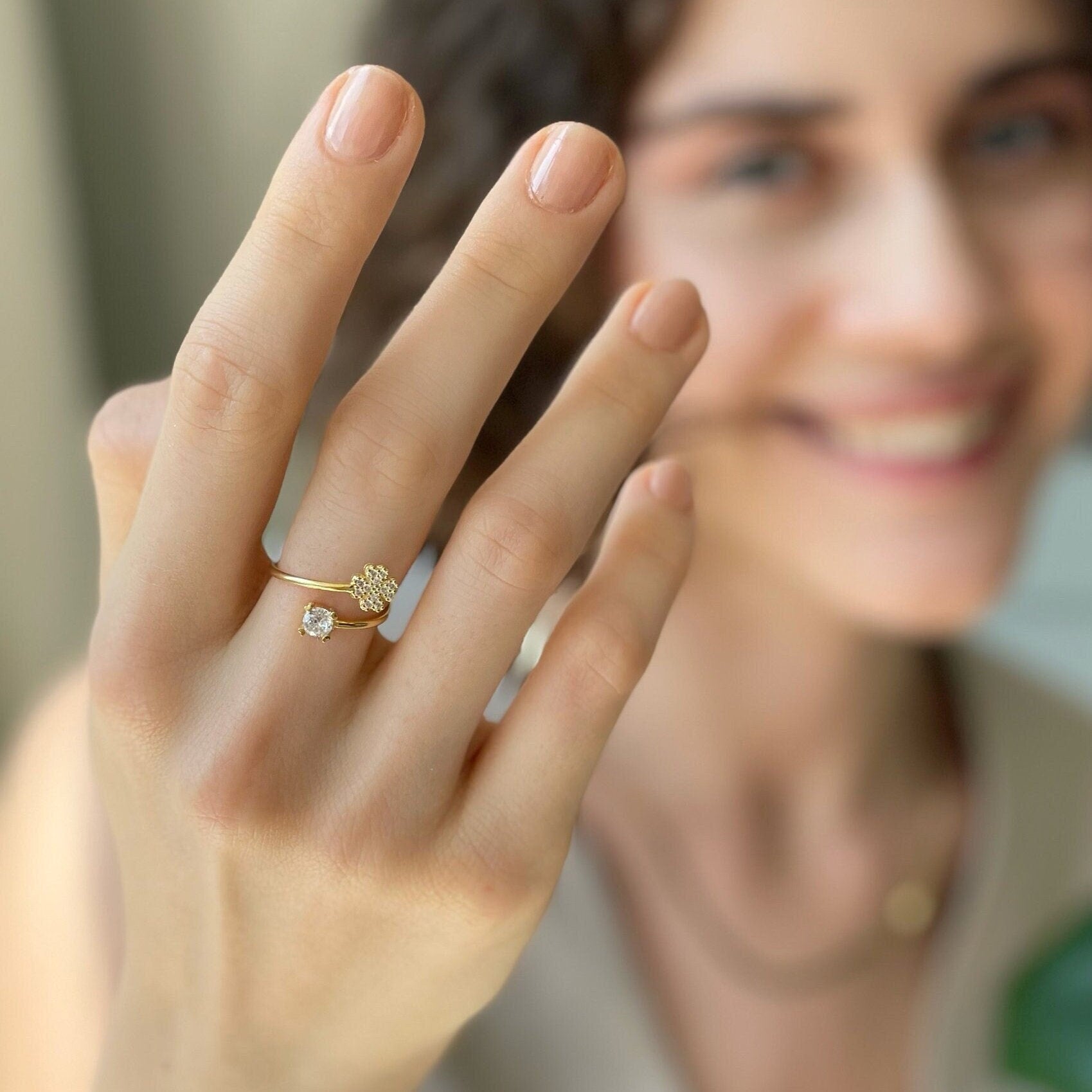 Multi Layer Thumb Cz Flower Spiral Ring - Gold Color Open Adjustable Ring - Delicate Sterling Silver Jewelry - Stunning Ring For Women