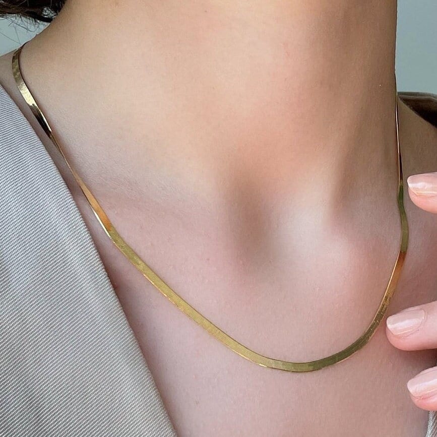 Gold Color Sterling Silver Flat Chain - Gold Snake Chain Necklace - Dainty 3 Mm Flat Herringbone Chain - Layering Necklace - Unisex Gift