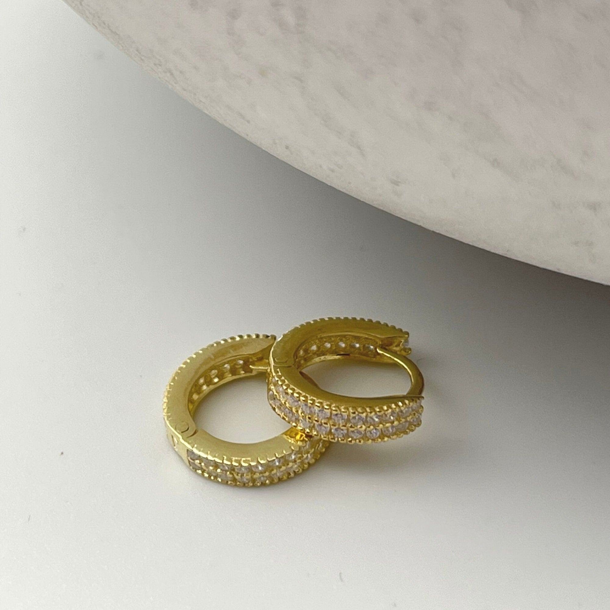 Petite Huggie Hoop Earrings - Pair Of Minimalist Two-way Huggie Hoop Earrings - Baguette Earrings - Twin Row Pave Cz Huggie Earrings