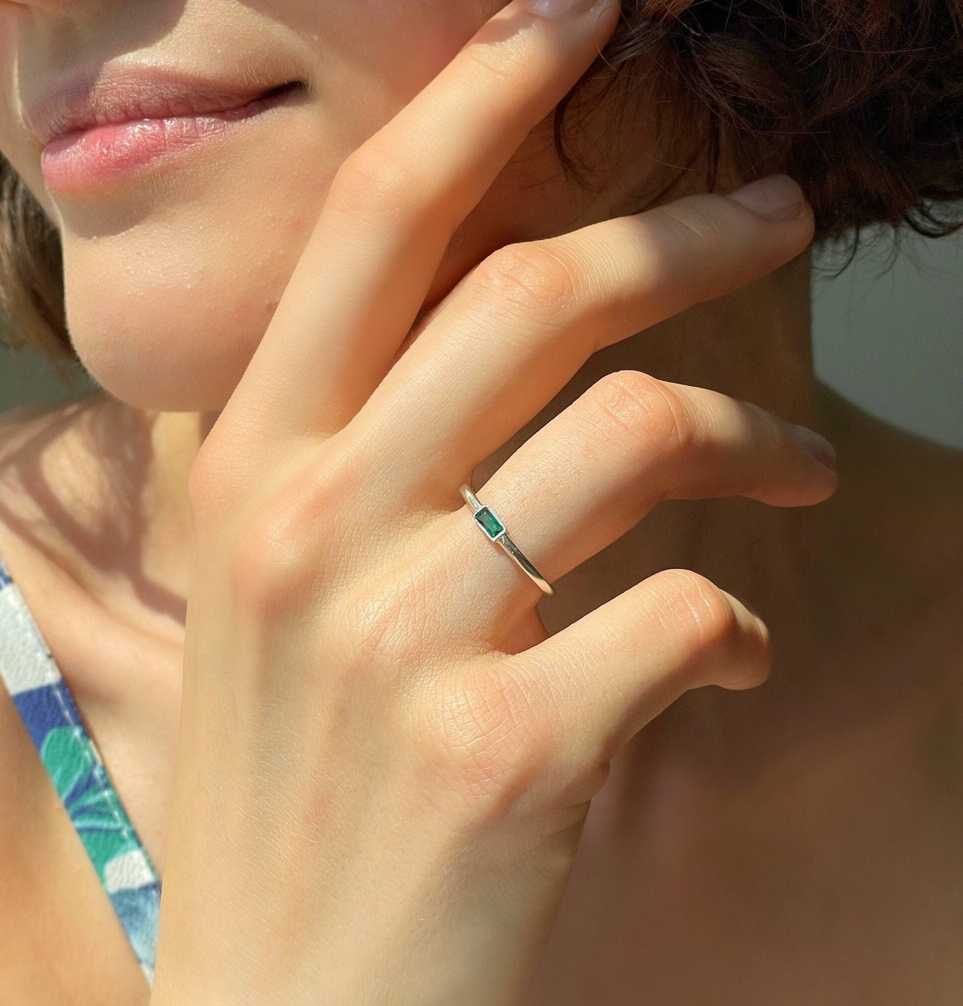Emerald Baguette Cut Ring - Rectangle Emerald Gemstone Ring - Minimalist Elegance For Women - Baguette Stacking Ring - Handmade Jewelry