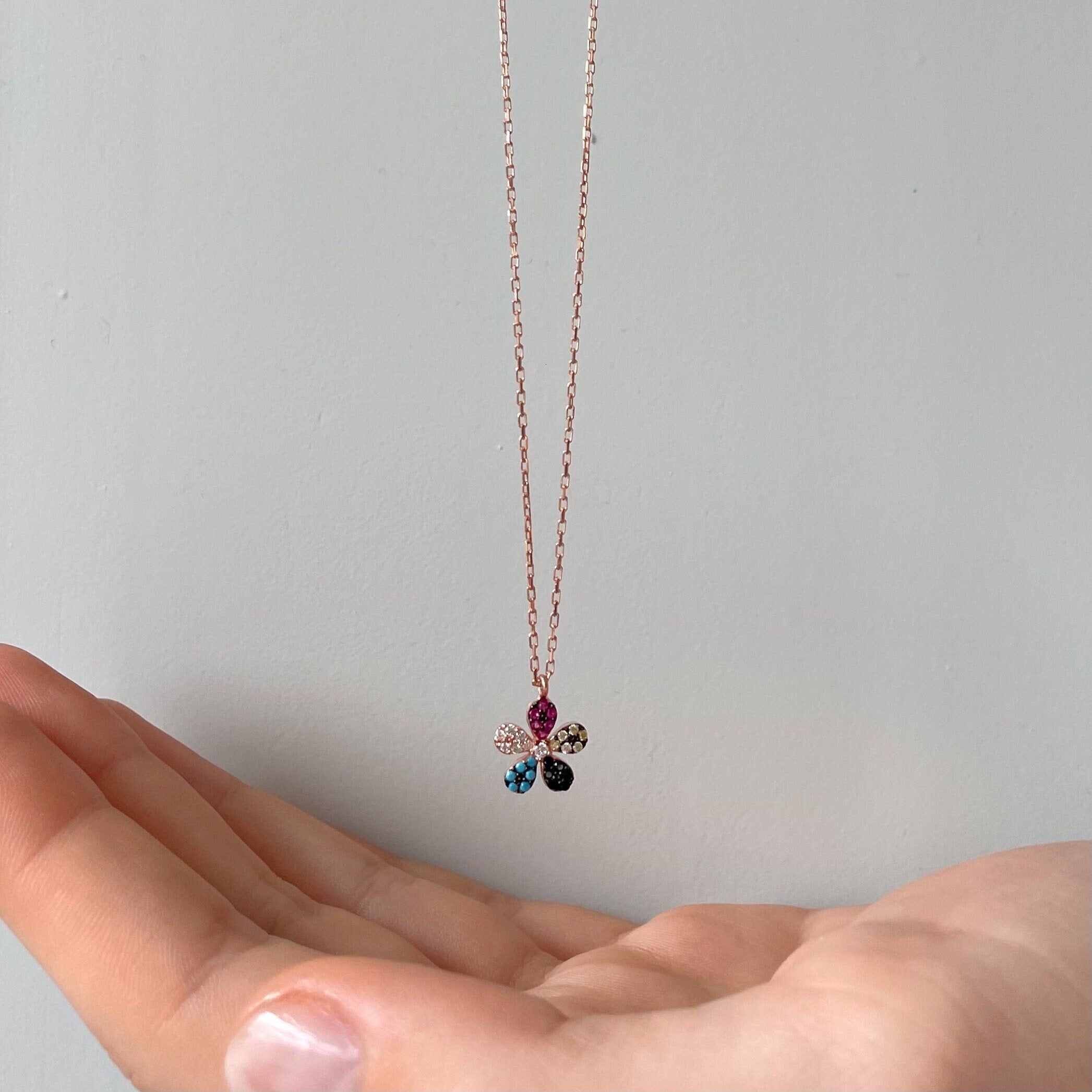 Colourful Stone Flower Necklace - 925 Sterling Silver Floral Jewelry - Bridal Gift - Sterling Silver Floral Pendant - Summer Jewelry