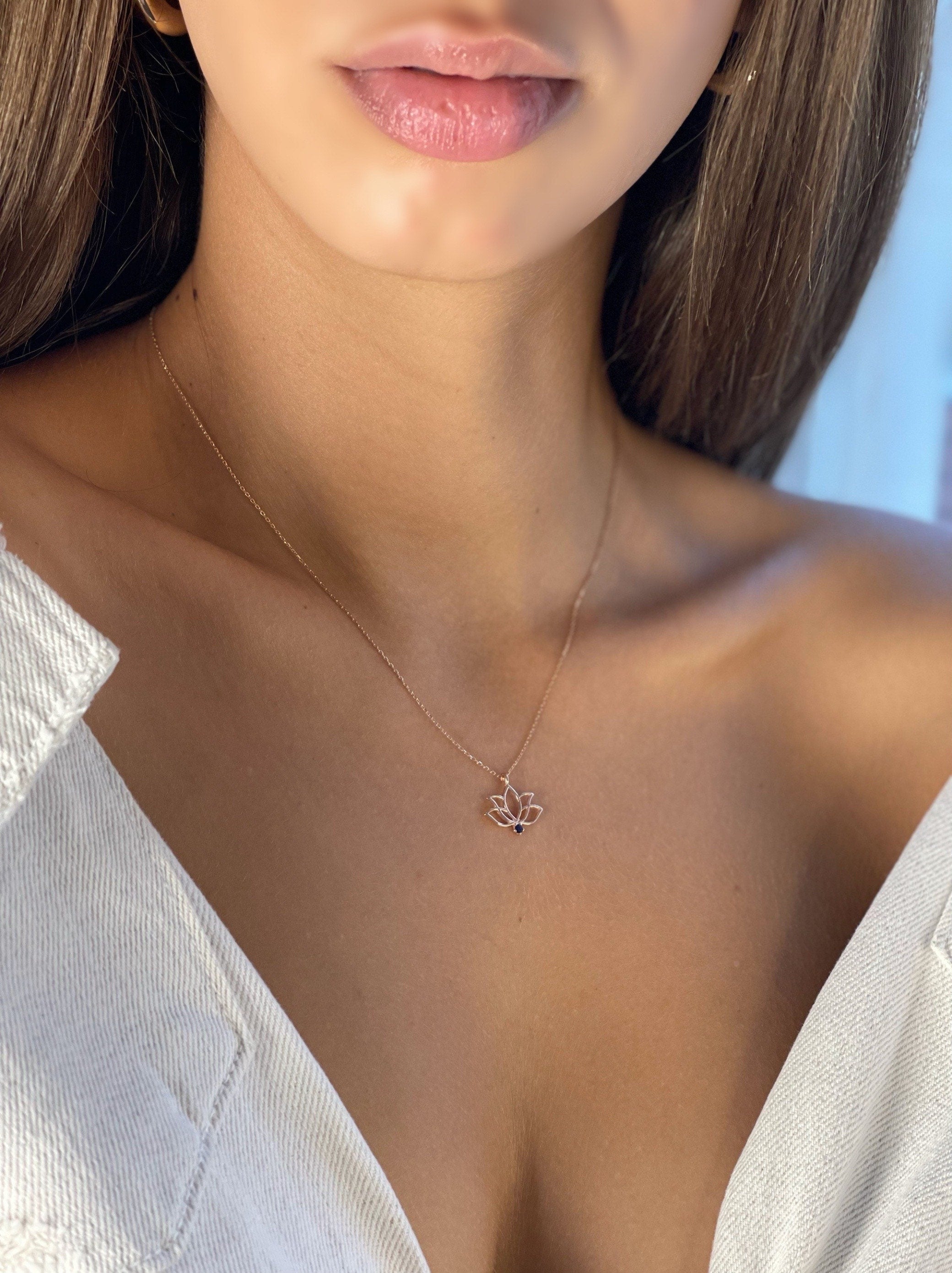 Lotus Flower Necklace, 925 Sterlin Silver Yoga Pendant, Rose Gold Zen Necklace With Tiny (2mm) Navy Gemstone, Necklace For Yogi