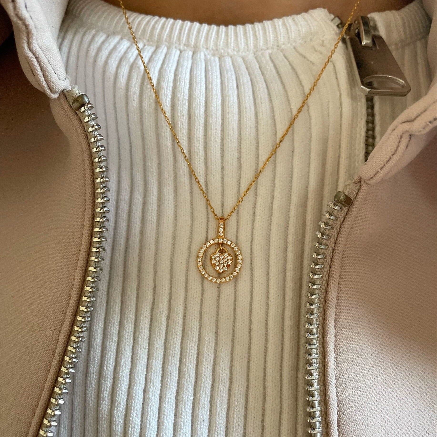 Crystal Encircled Heart Necklace - Zirconia Heart In A Circle Pendant - 925 Sterling Silver Jewelry - Silver/gold/rose Gold Heart Pendant