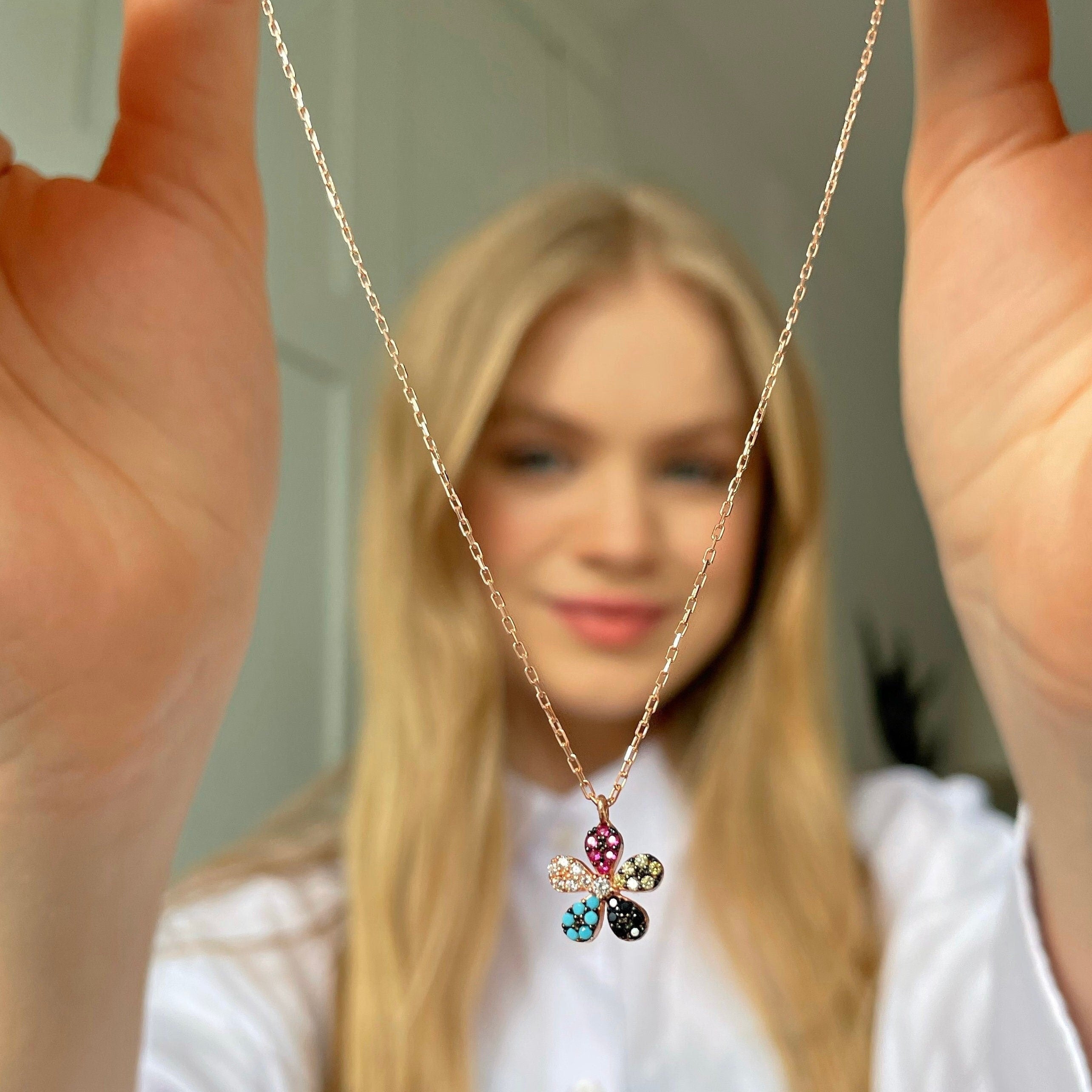 Sterling Silver Multi Color Floral Pendant Necklace, , Spring Symphony Flower Necklace, Colorful Summer Jewelry Silver,