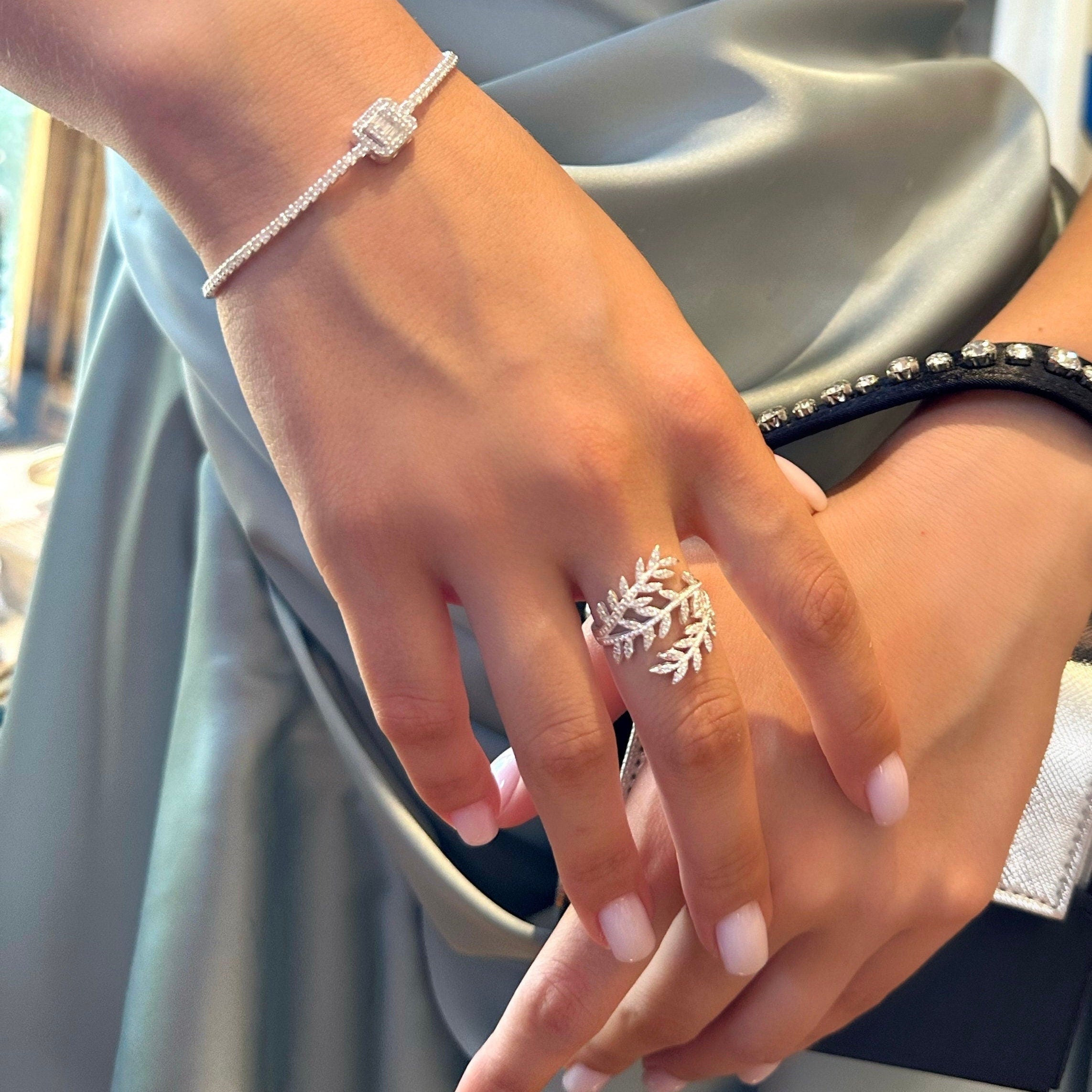 Sparkling Olive Branch Ring - Cz Olive Leaf Adjustable Ring - Cubic Zirconia Wrap Ring -925 Sterling Silver Jewelry For Women - Summer Jewls