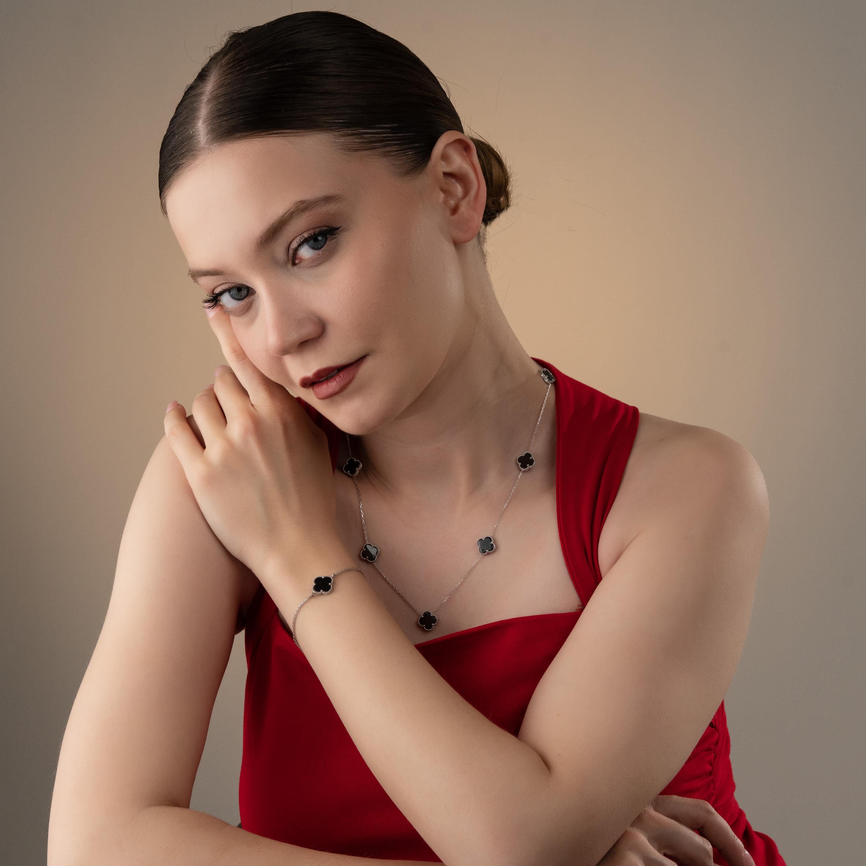 Modern Lucky Clover Charm Necklace & Bracelet Set , Personalized Lucky Clover Jewelry Set, Gemstone Color And Chain Options