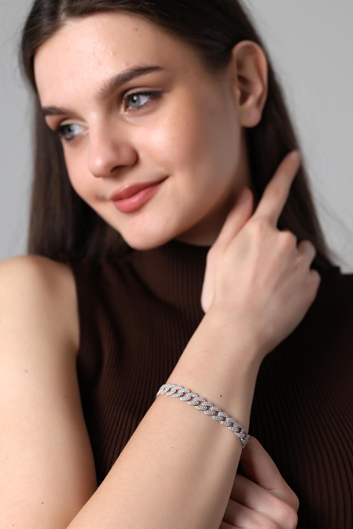 Iced Out Cuban Link Bracelet , Bling Cuban Chain Bracelet , Elegant Rhinestone Chain, Silver Zirconia Bracelet , Statement Jewelry For Women