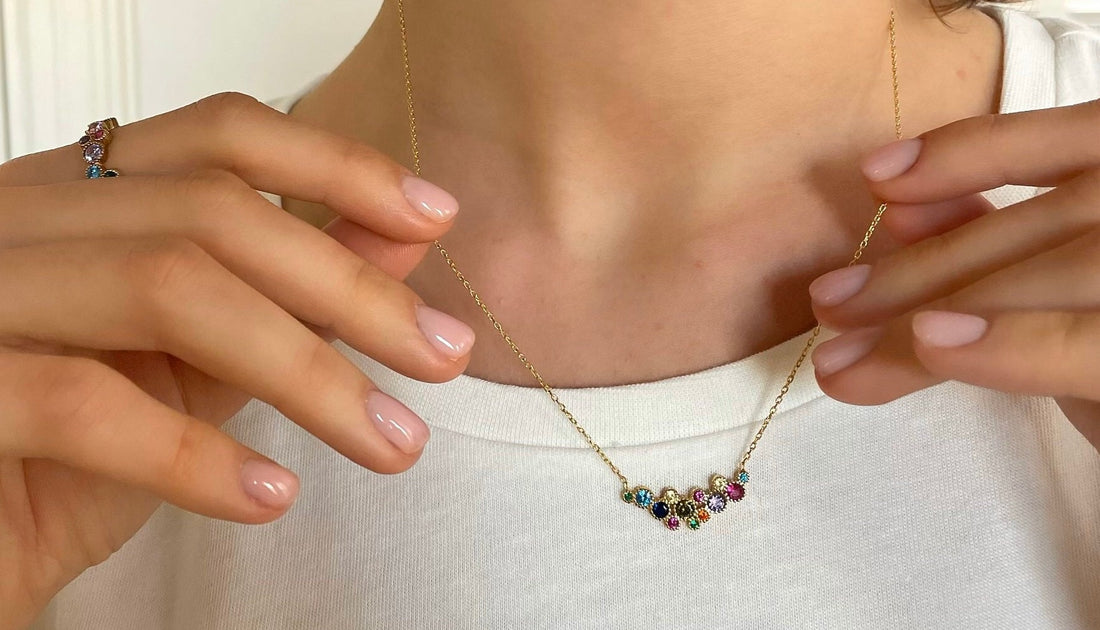 Fancy Rainbow Jewelry Set - Multicolor Zirconia Necklace And Eternity Ring Set - Gold Plated Colorful Cz Jewelry -