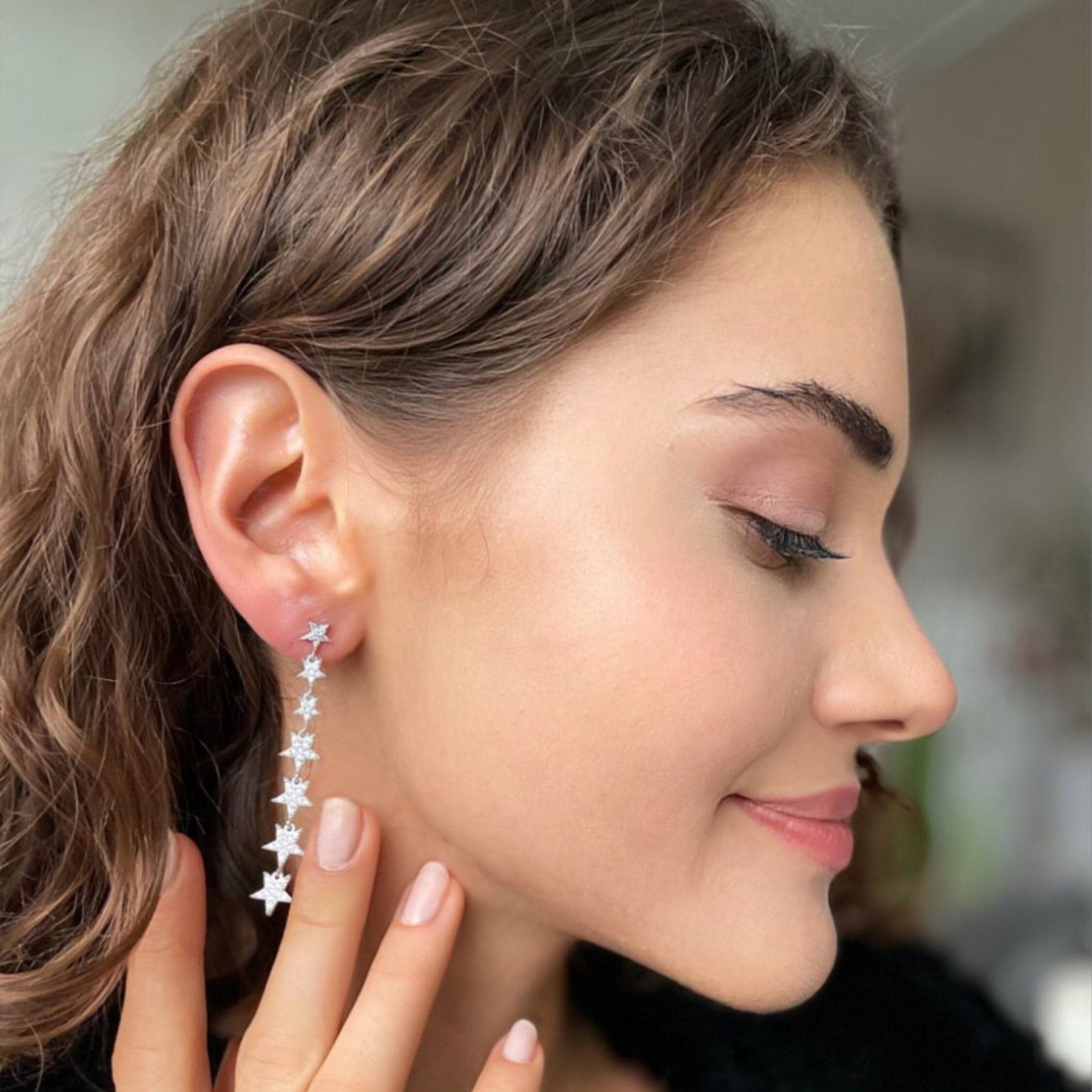 Star Lariat Dangle Earrings - Zircon Gemstones Celestial Earrings - Sterling Silver Jewelry - Star Design Stud Earrings - Star Drop Earrings