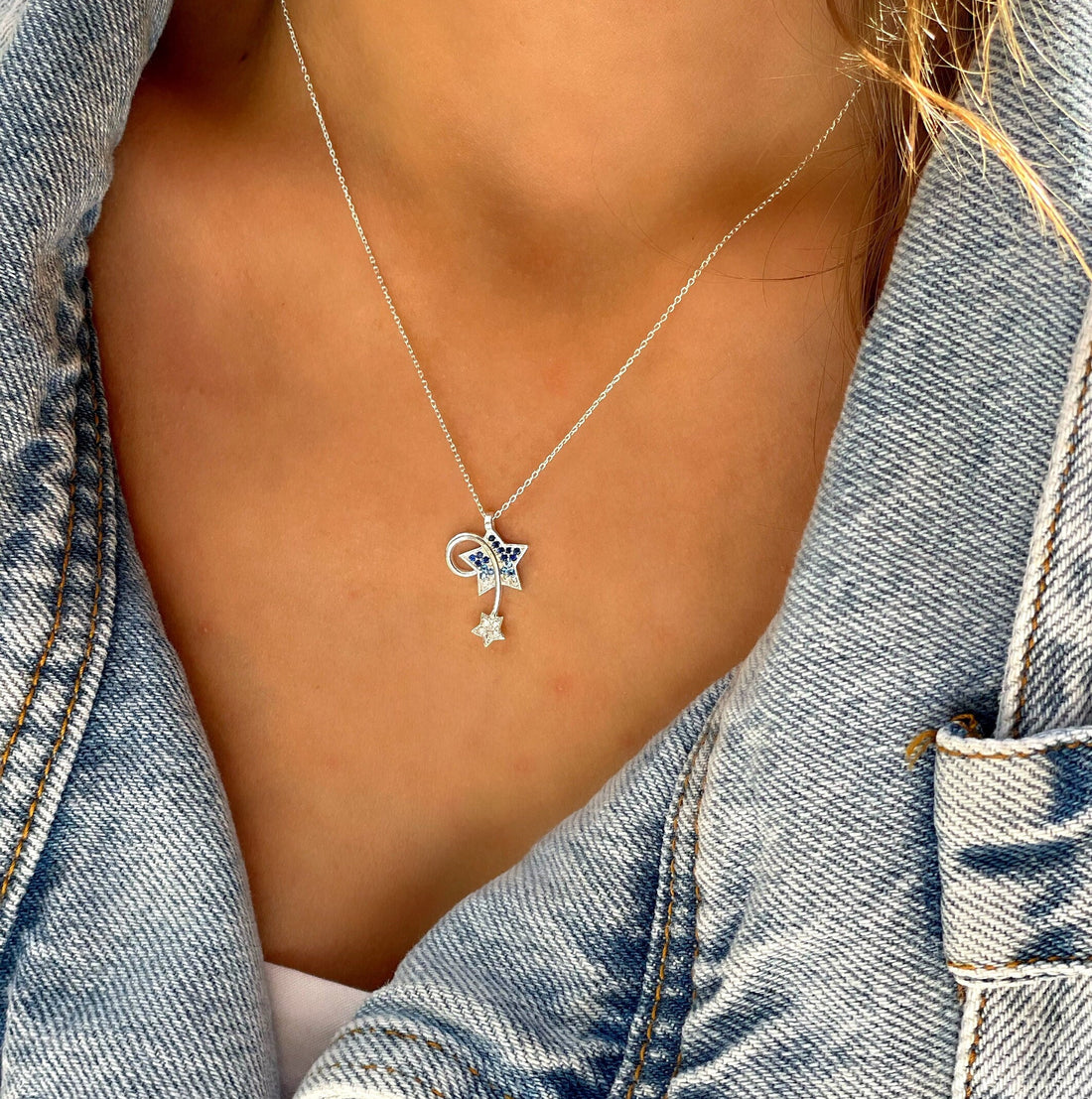 Minimalist Comet Necklace - Blue Gemstones Star Necklace - Shooting Star Necklace - Celestial Jewelry - Sterling Silver Jewelry