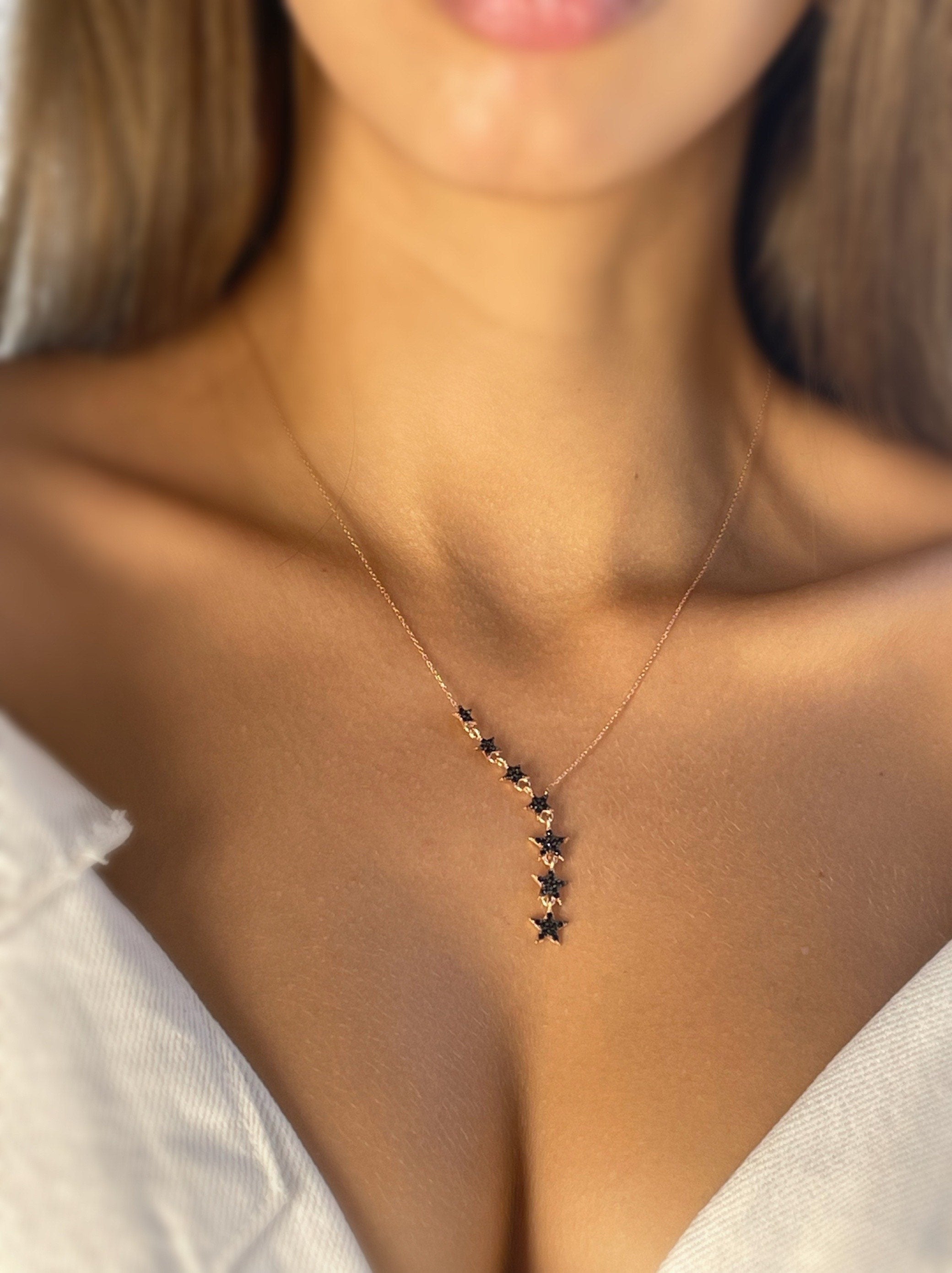 Asymmetric Y Shape Star Lariat Necklace - Drop Star Pendant - Zircon Gemstones - Silver/gold/rose Gold Chain -