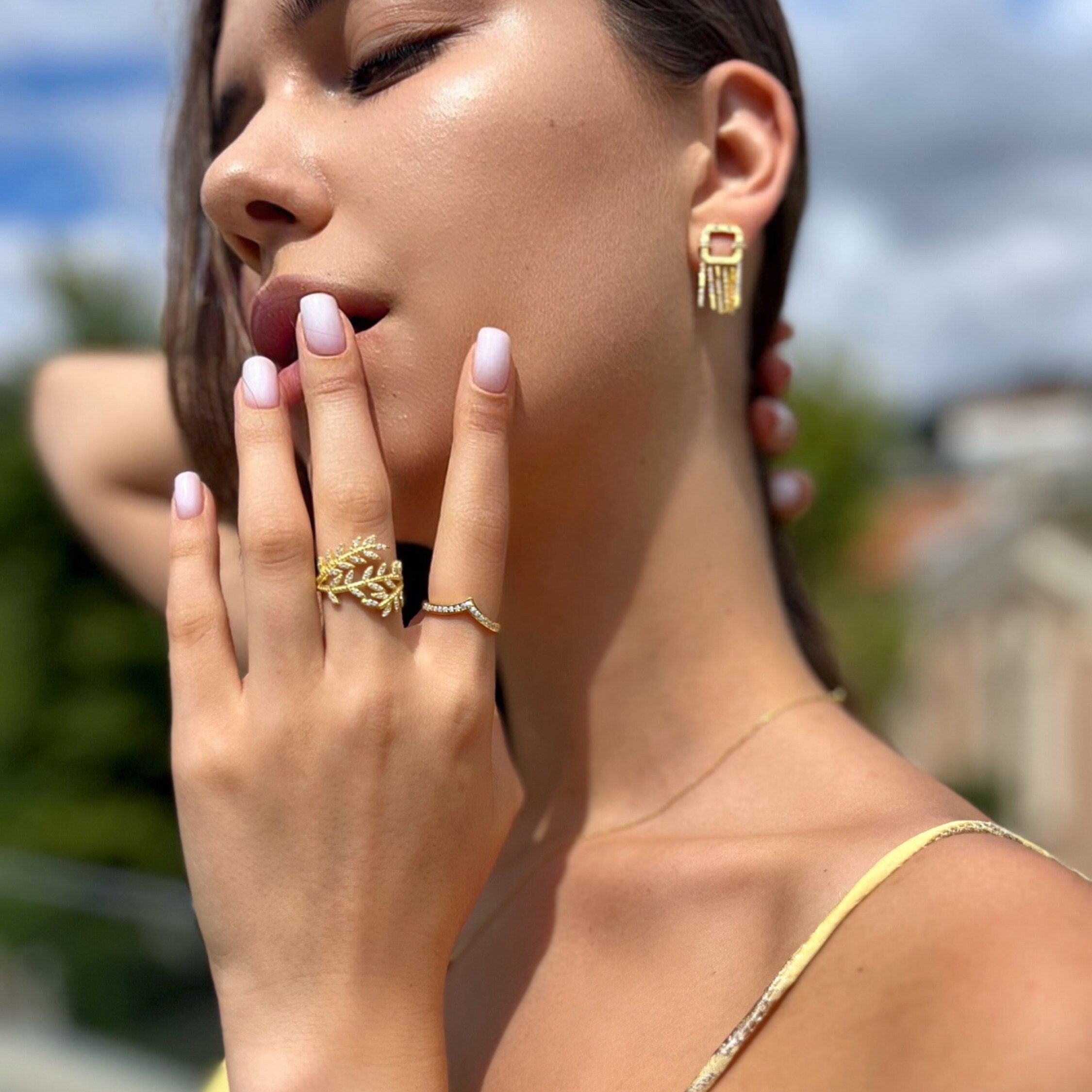 Sparkling Olive Branch Ring - Cz Olive Leaf Adjustable Ring - Cubic Zirconia Wrap Ring -925 Sterling Silver Jewelry For Women - Summer Jewls