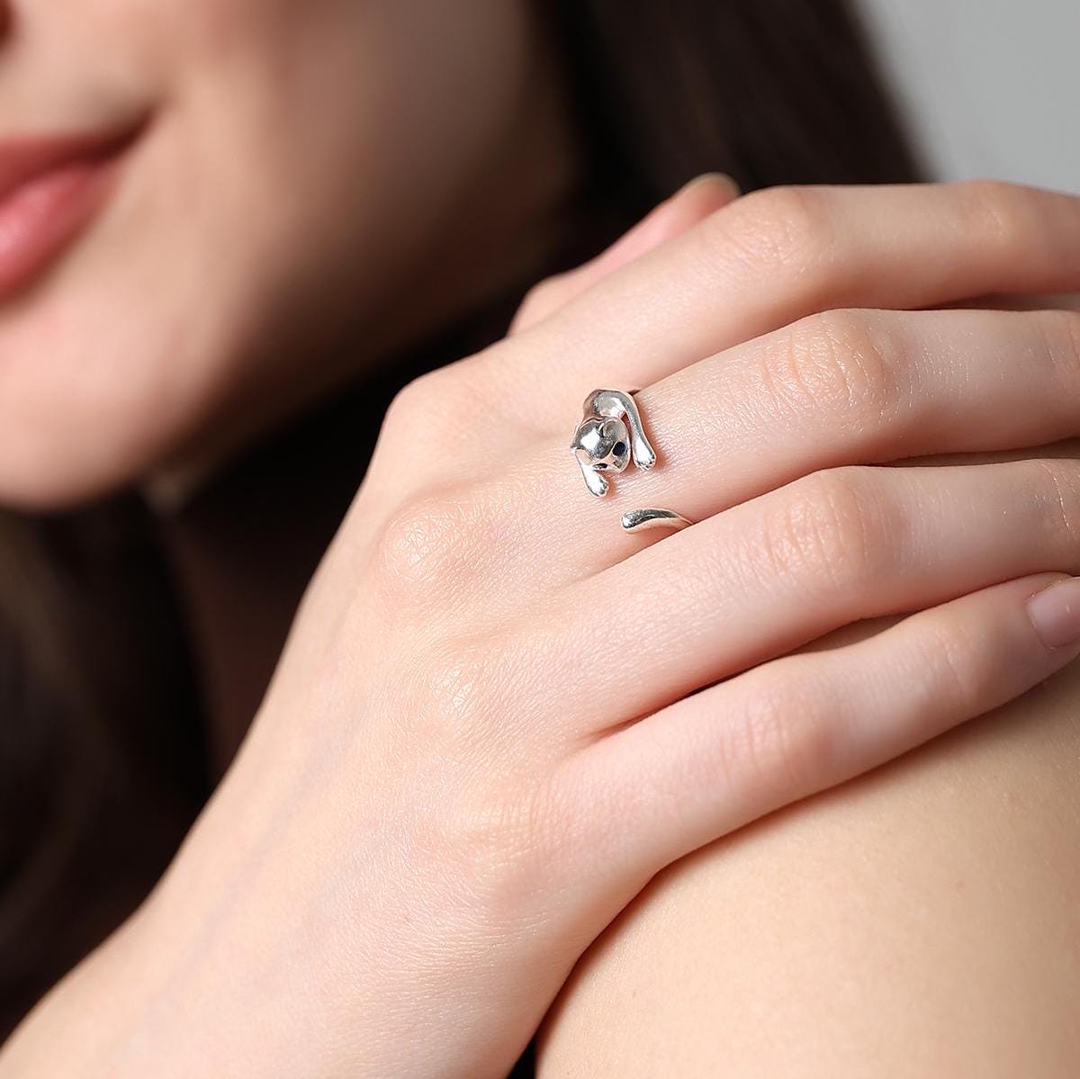 Cute Cat Wraparound Ring , Feline Silver Adjustable Ring , Kitty Hug Silver Ring , Handmade Cat Wrap Ring , Personalized Gift For Cat Lovers