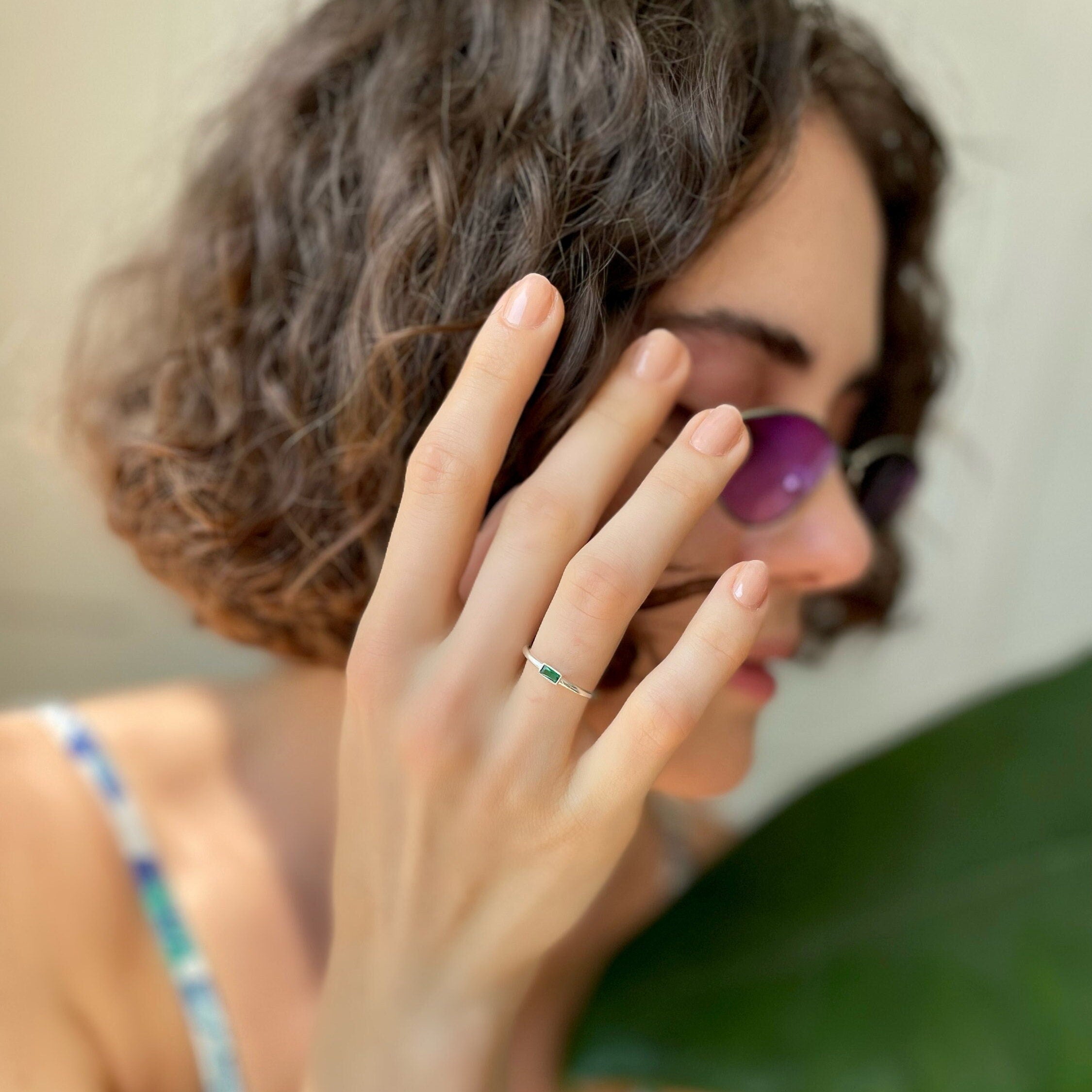 Emerald Baguette Cut Ring - Rectangle Emerald Gemstone Ring - Minimalist Elegance For Women - Baguette Stacking Ring - Handmade Jewelry