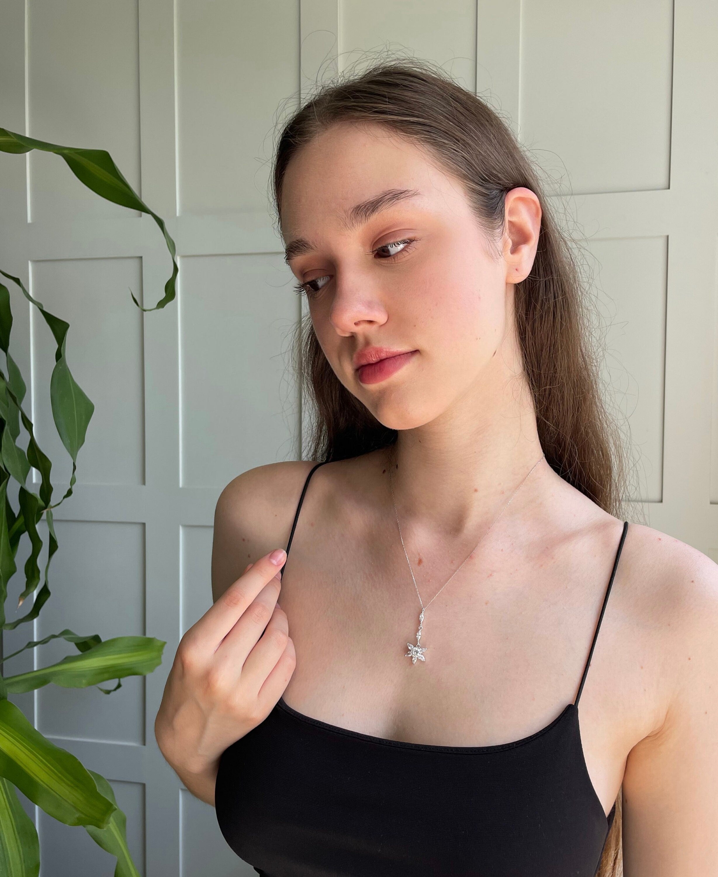 Charming Cz Flower Necklace - Sparkling Zirconia Floral Pendant - Sterling Silver Floral Design Jewelry - Delicate Gift Idea