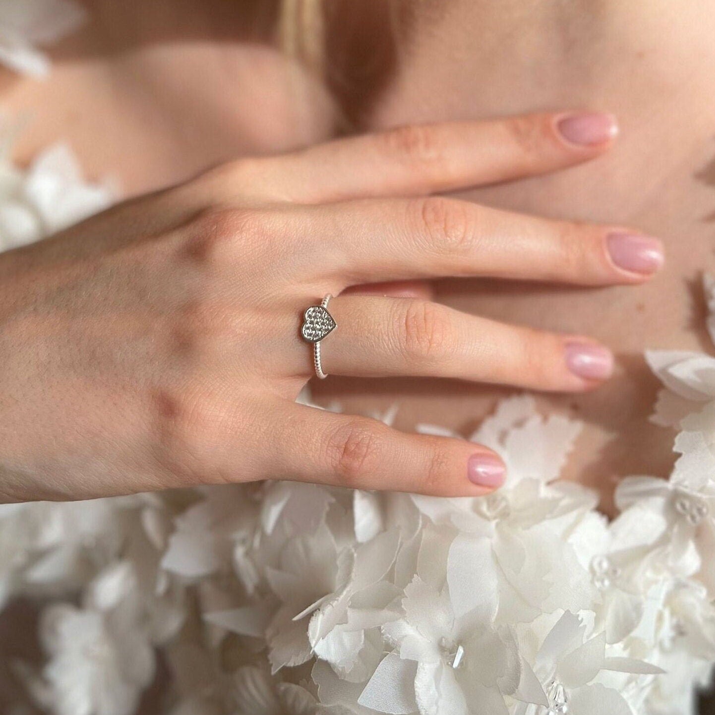 Heartfelt Love Sterling Silver Heart Ring, Silver Heart Band Ring, Sparkling Silver Heart Ring, Dainty Silver Heart Ring, Handmade Jewelry