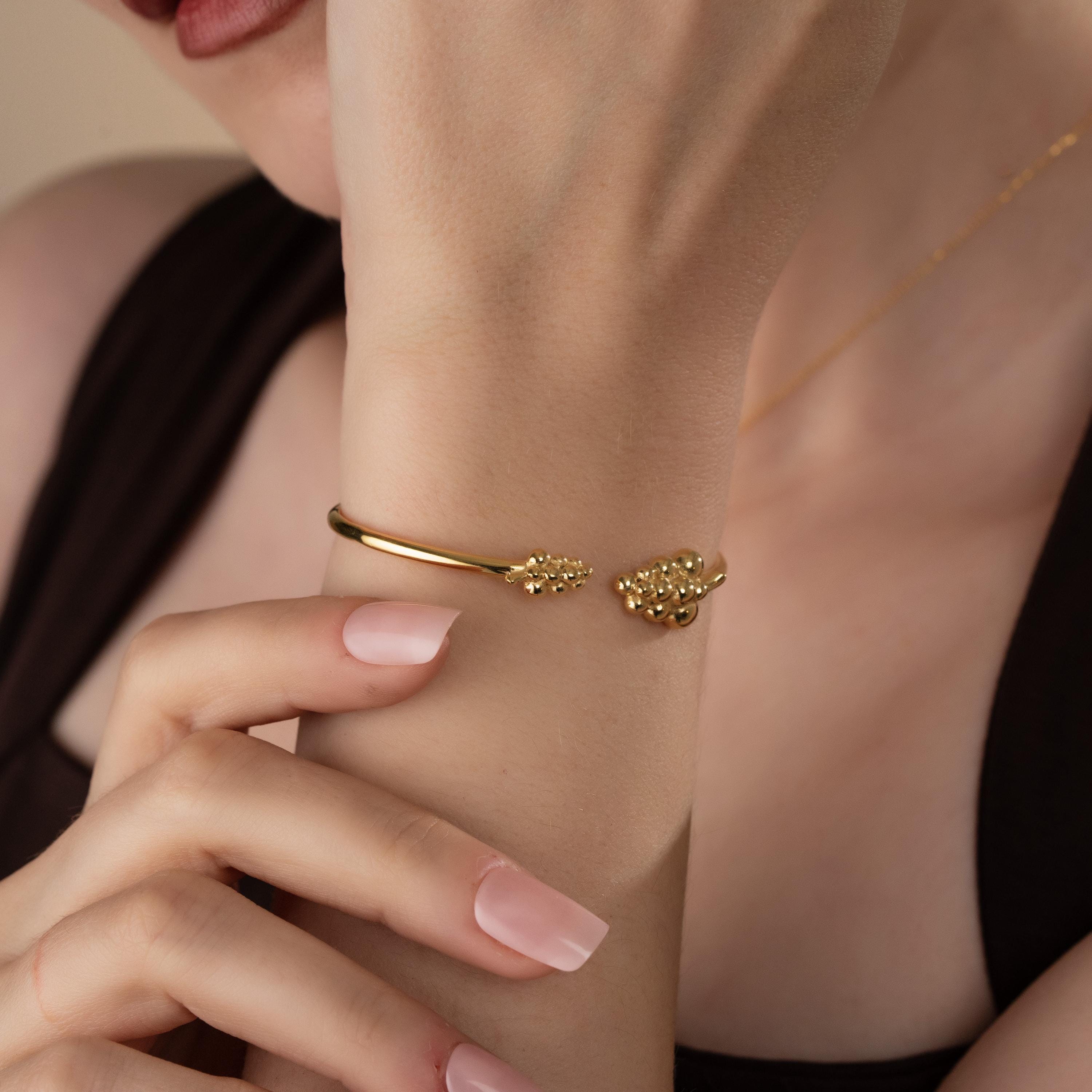 Gold & Silver Beaded Cuff Bracelet , Handmade Open Cuff Bracelet , Minimalist Open Bangle , Chunky Beaded Bracelet, Adjustable Modern Bangle