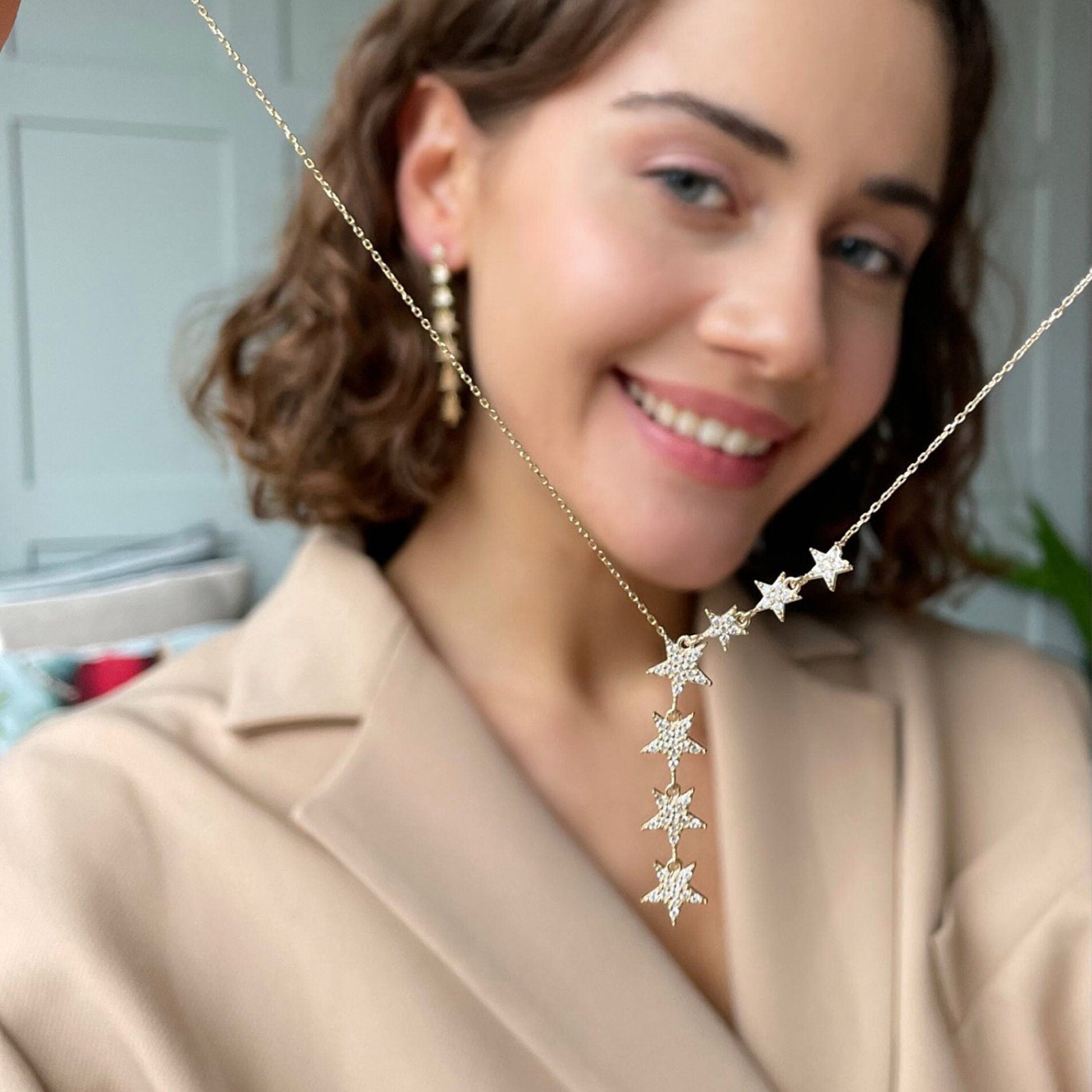 Gold Color Star Lariat Necklace - Asymmetric Y Shape Drop Star Pendant - Silver / Gold / Rose Gold Chain Options -