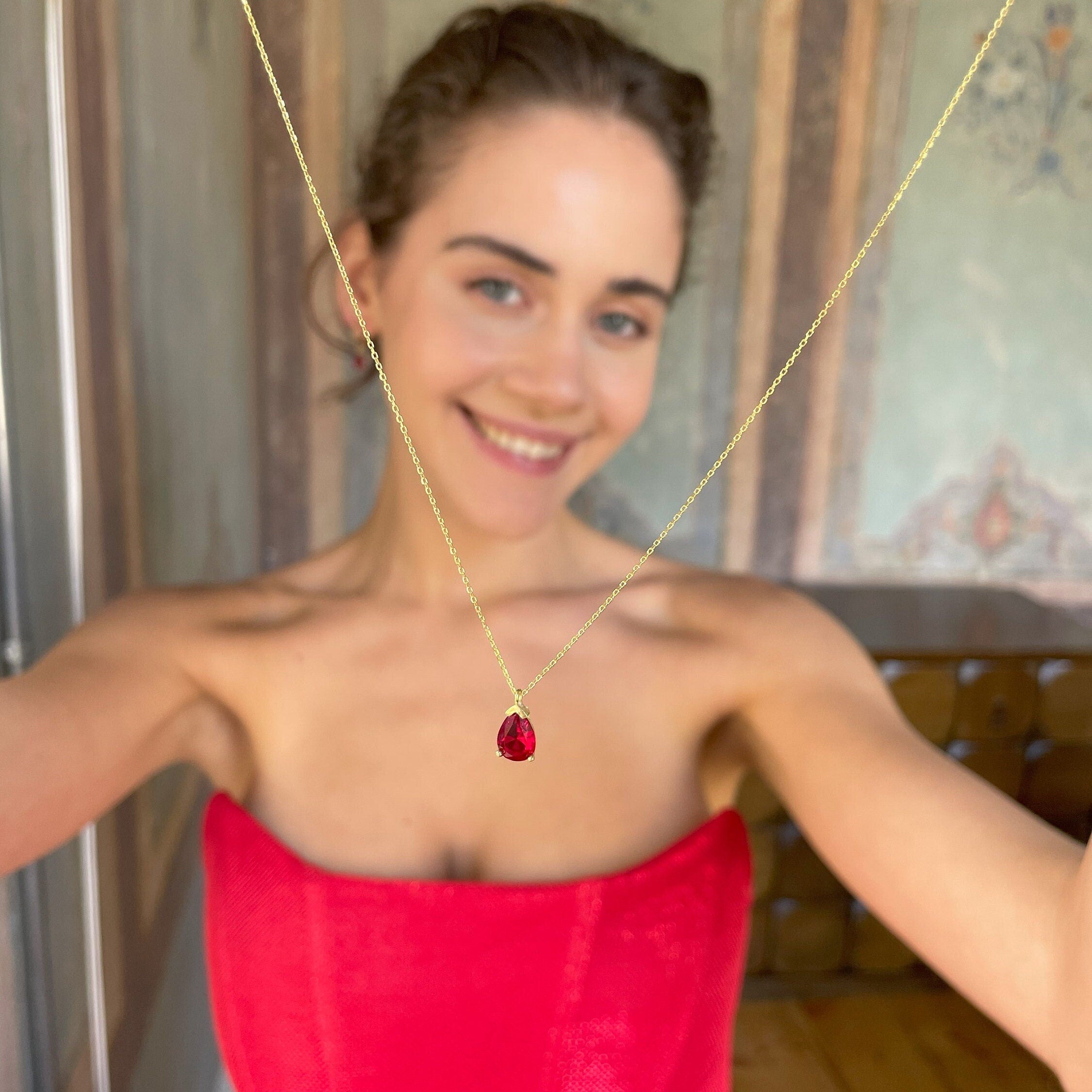 Birthstone Jewelry Set - Mothers Day Birthstone Gift - Red Garnet Sterling Silver Necklace & Earrings - January / July Birthstone