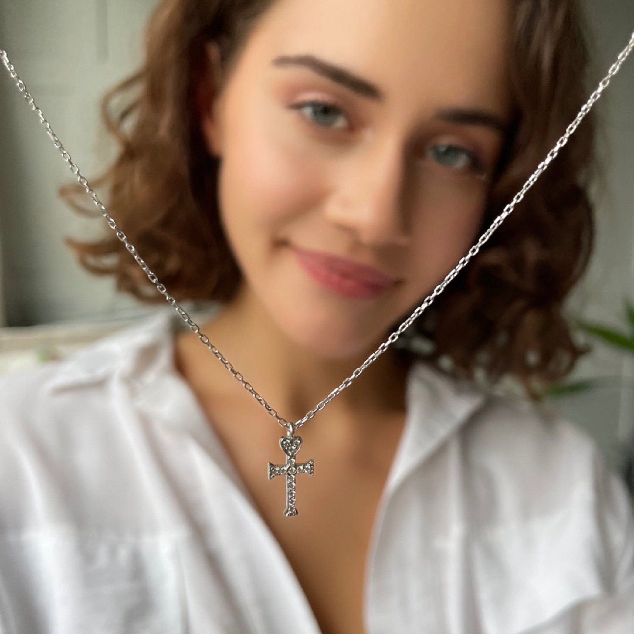 Sterling Silver Cross Necklace - Tiny Cross Pendant, Dainty Christian Jewelry, Religious Gift, Gold / Silver / Rose Gold Minimalist Necklace