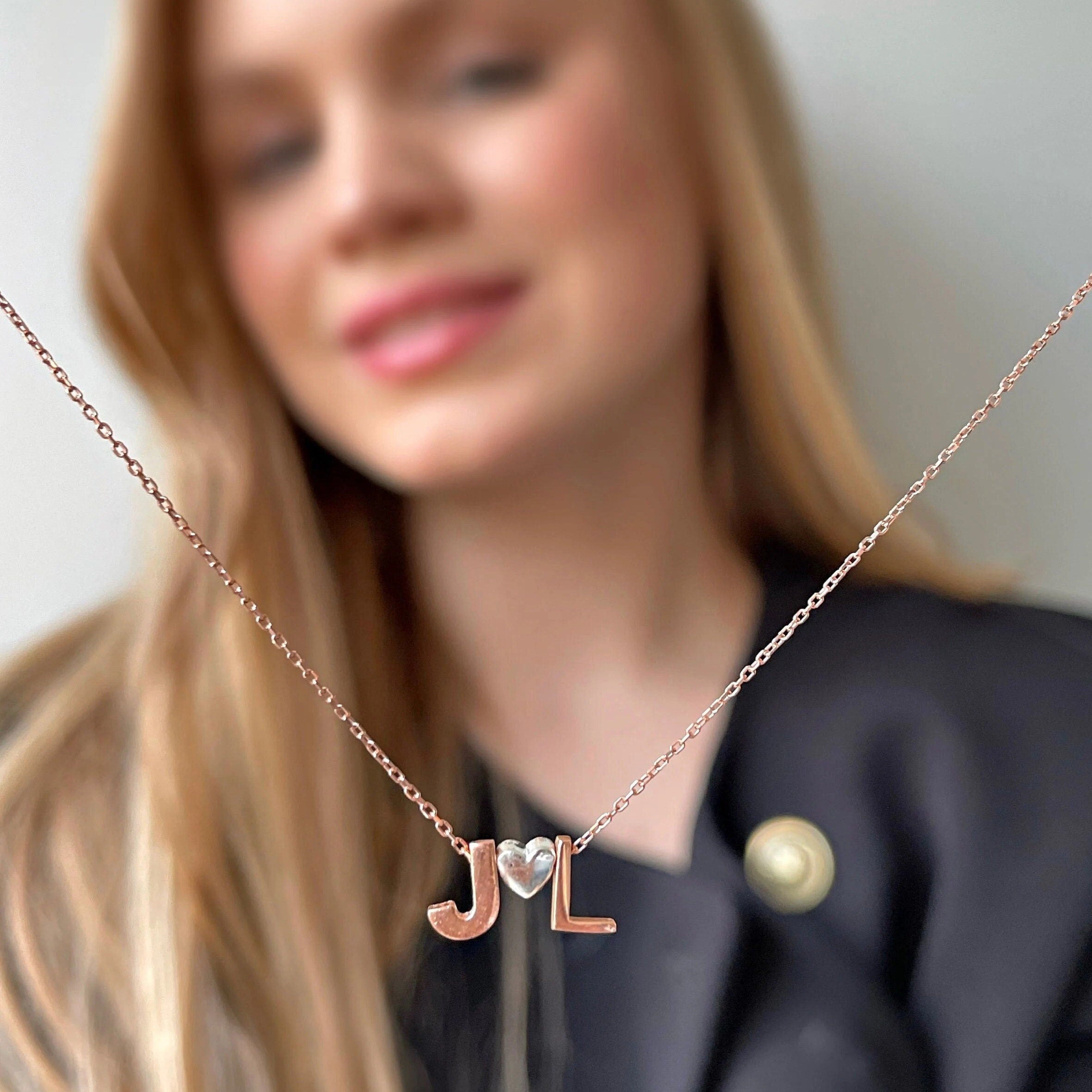 Personalized Multinitial Necklace - Sterling Silver Customized Name Necklace - Dainty Initial & Heart Pendant - Handmade Personalized Gift