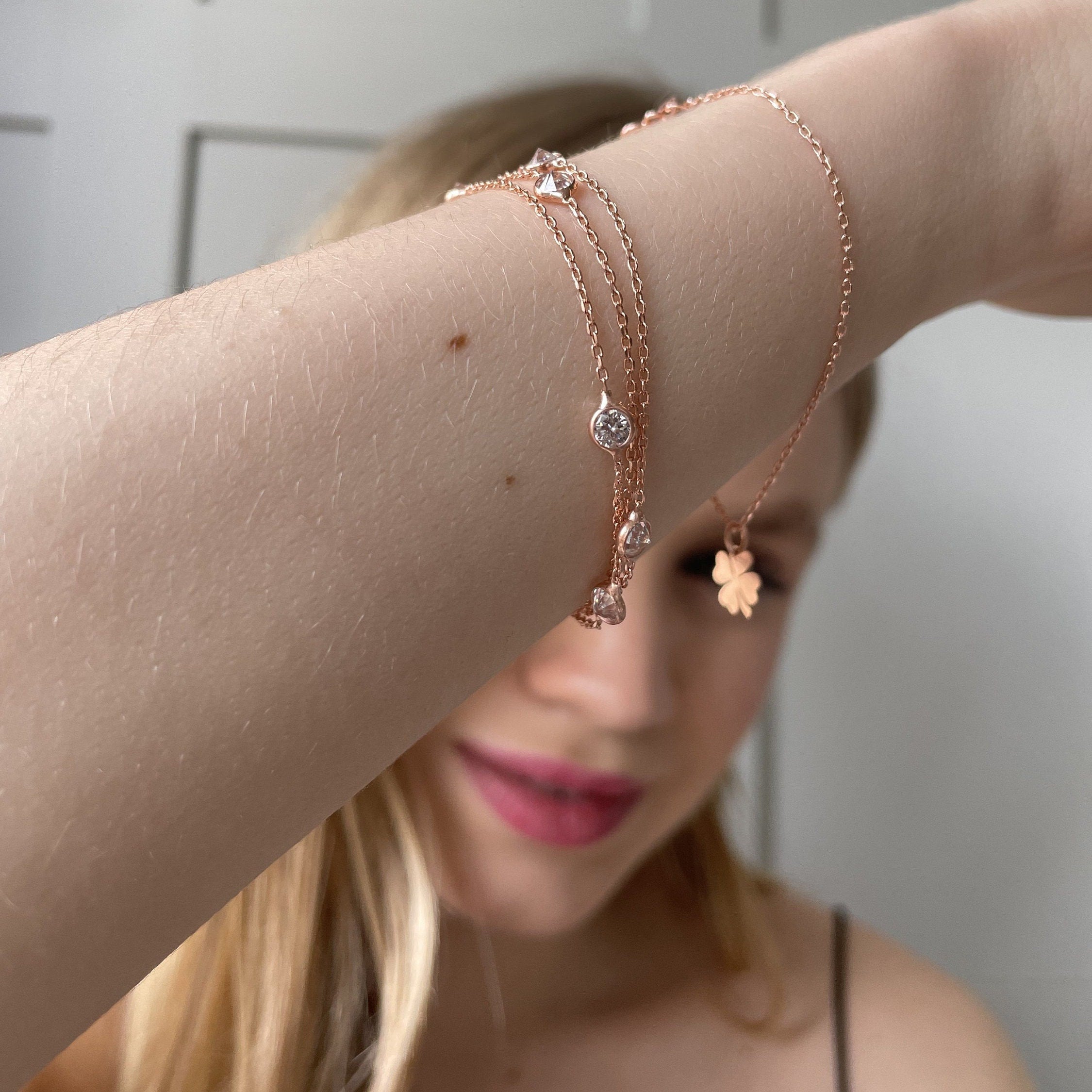 Zircon Beaded Triple Chain Bracelet - Rose Gold Plated Adjustable Bracelet - Everyday Style Dainty Jewelry - Minimalist Silver Bracelet