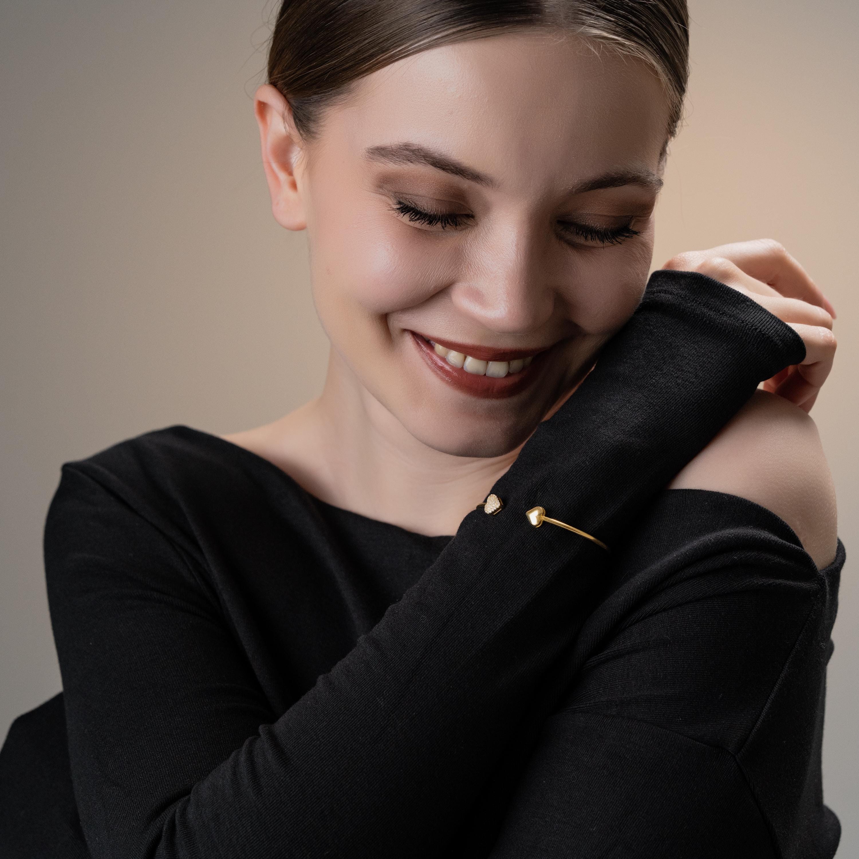 Romantic Gold Heart Bracelet , Pavé Heart Cuff , Dainty Heart Bracelet , Elegant Gold Bracelet , Handmade ,