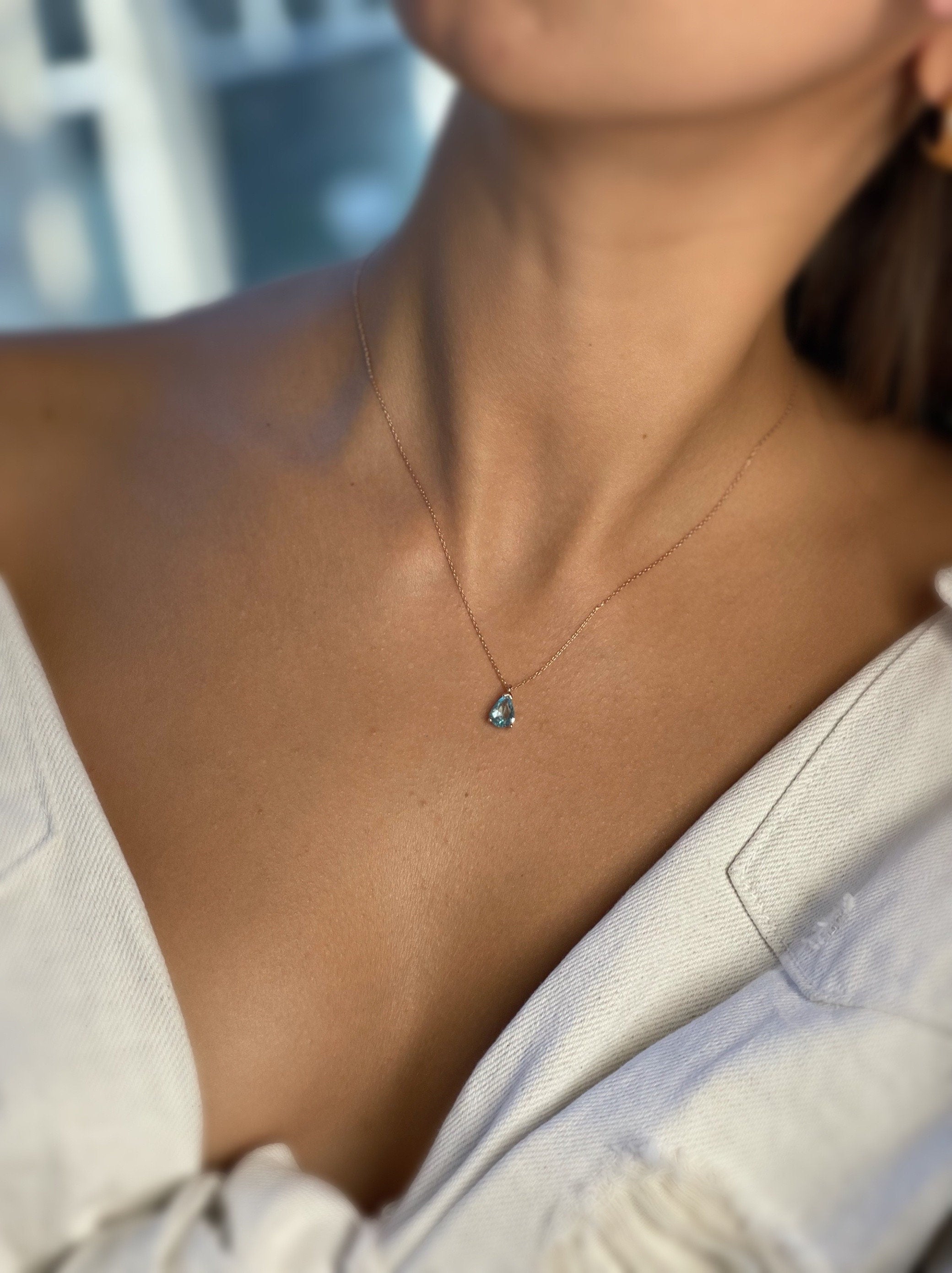 Drop Birthstone Silver Necklace - Zircon Dainty Necklace - Blue Zircon Necklace - Delicate Silver Necklace -