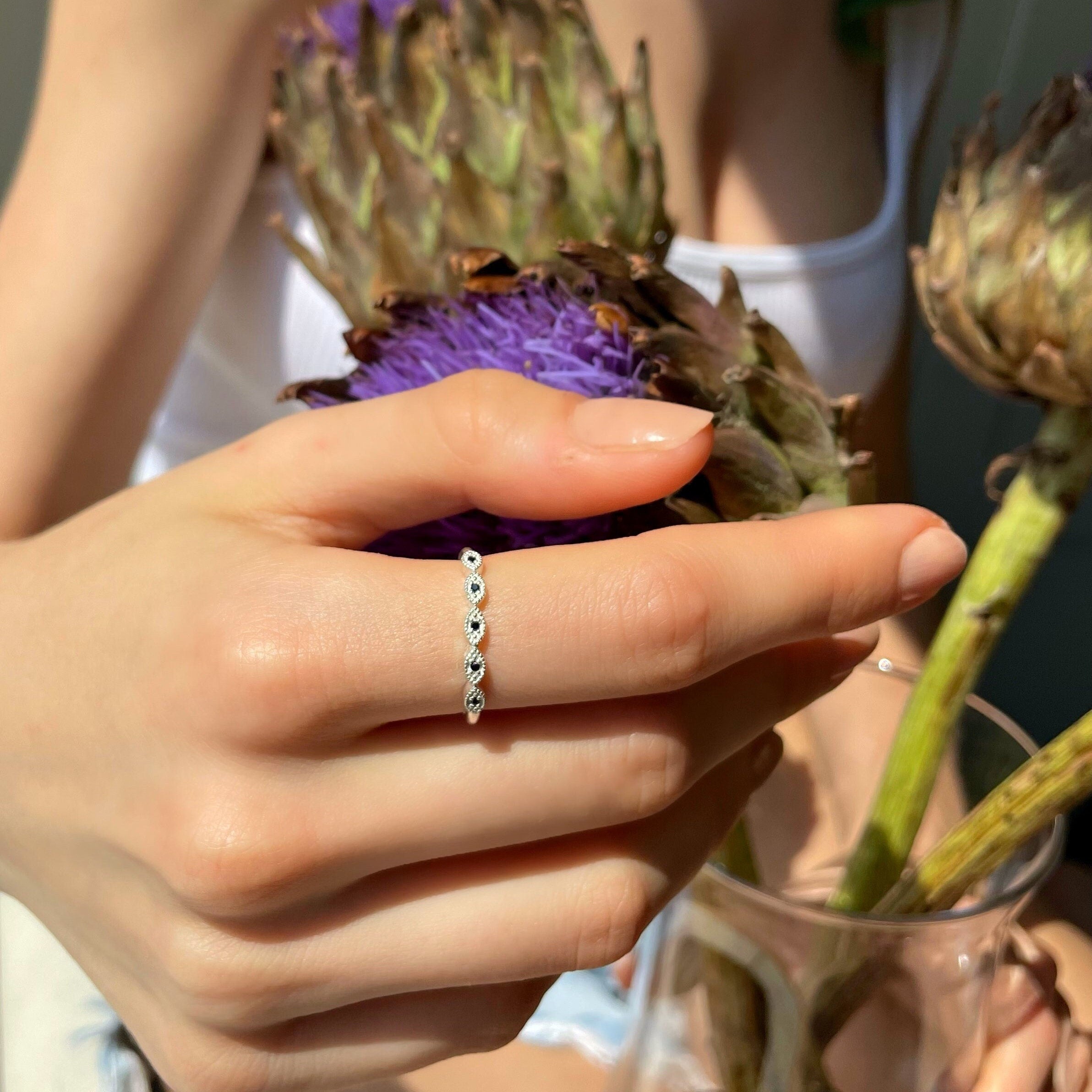 Half Eternity Art Deco Ring - Gold Color Traditional Wedding Band - Marquise Shaped Silver Jewelry - Dainty & Minimalist Jewelry For Women